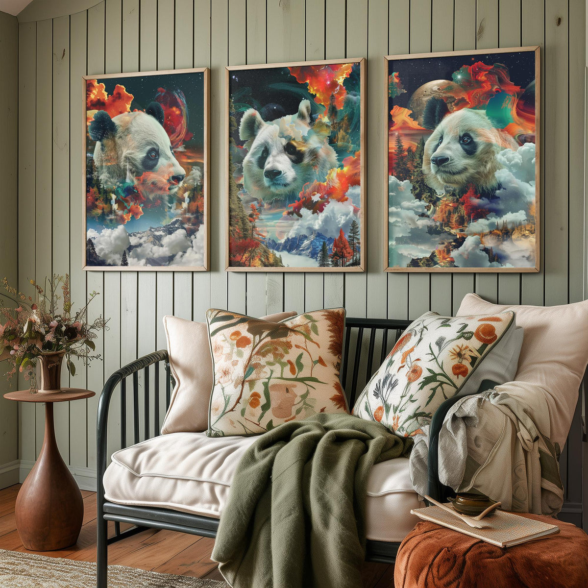 Panda Set of Three Art Prints - 3 Double Exposure Wildlife Posters - Surreal Mountain Cosmic Nature Wall Art Gift Painting