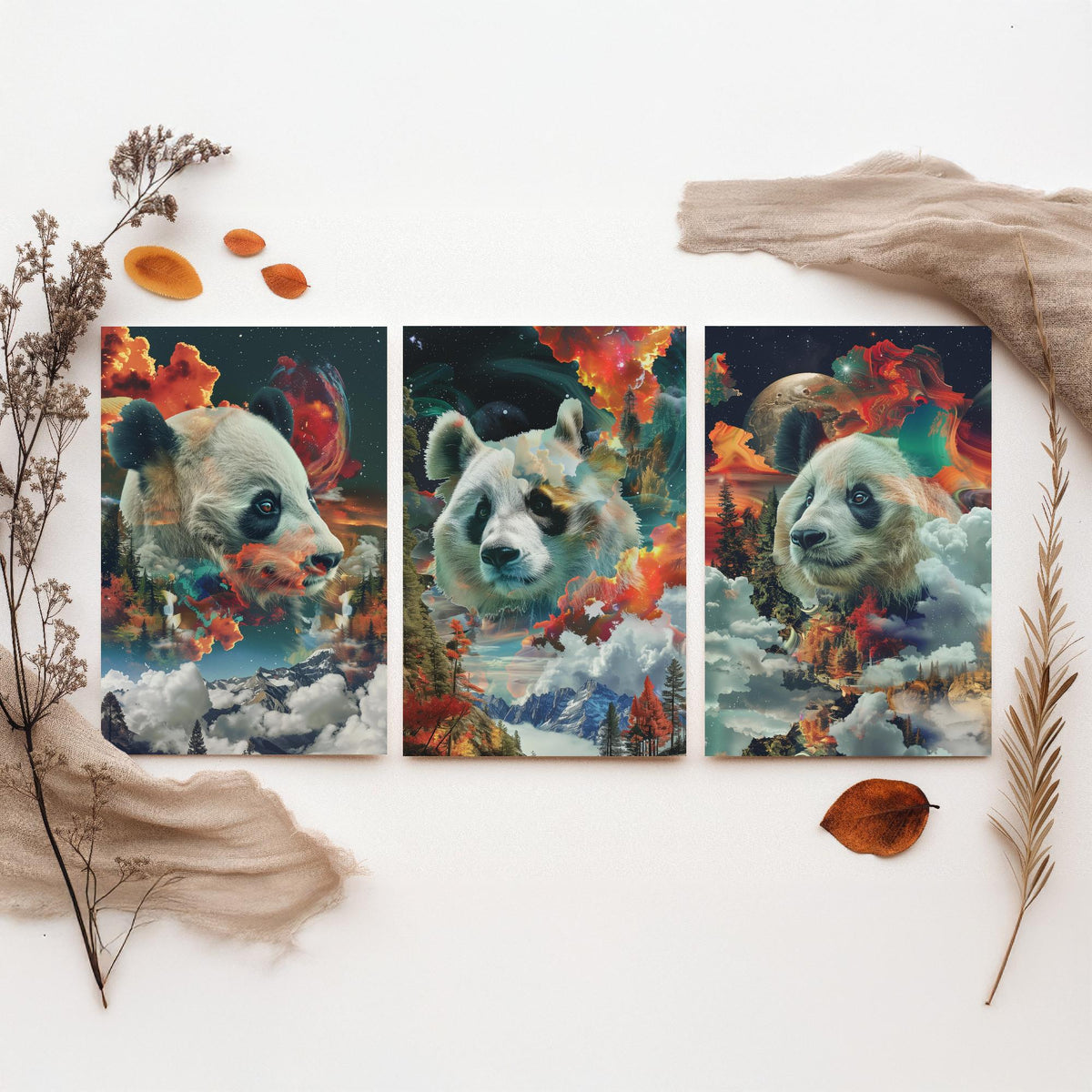Panda Set of Three Art Prints - 3 Double Exposure Wildlife Posters - Surreal Mountain Cosmic Nature Wall Art Gift Painting