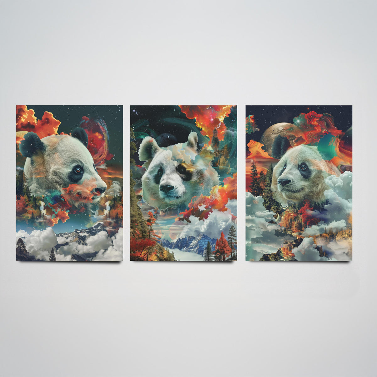 Panda Set of Three Art Prints - 3 Double Exposure Wildlife Posters - Surreal Mountain Cosmic Nature Wall Art Gift Painting