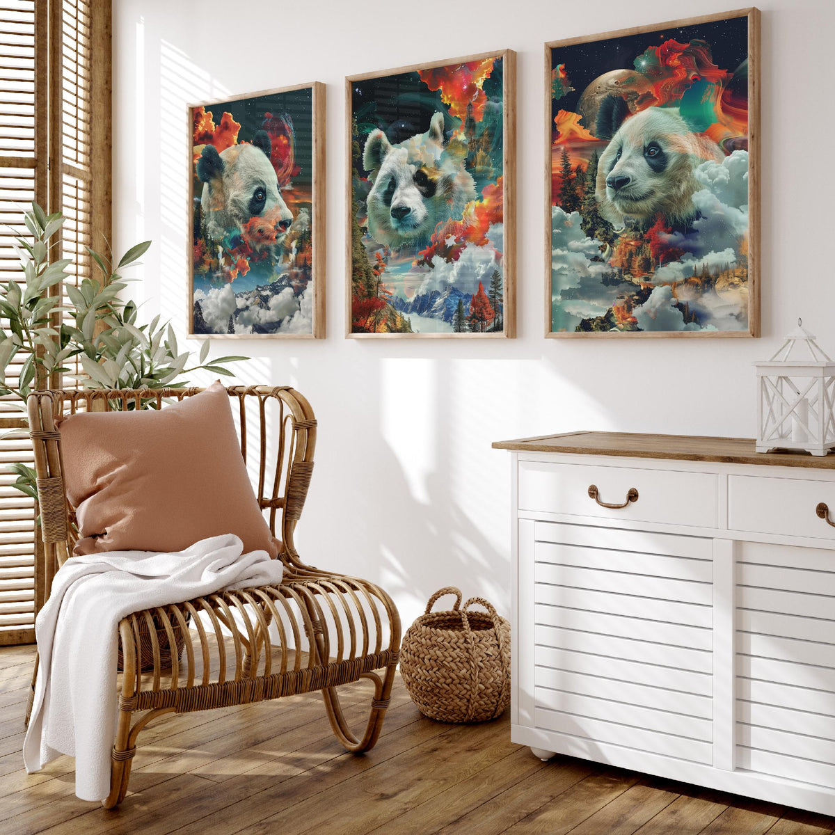 Panda Set of Three Art Prints - 3 Double Exposure Wildlife Posters - Surreal Mountain Cosmic Nature Wall Art Gift Painting