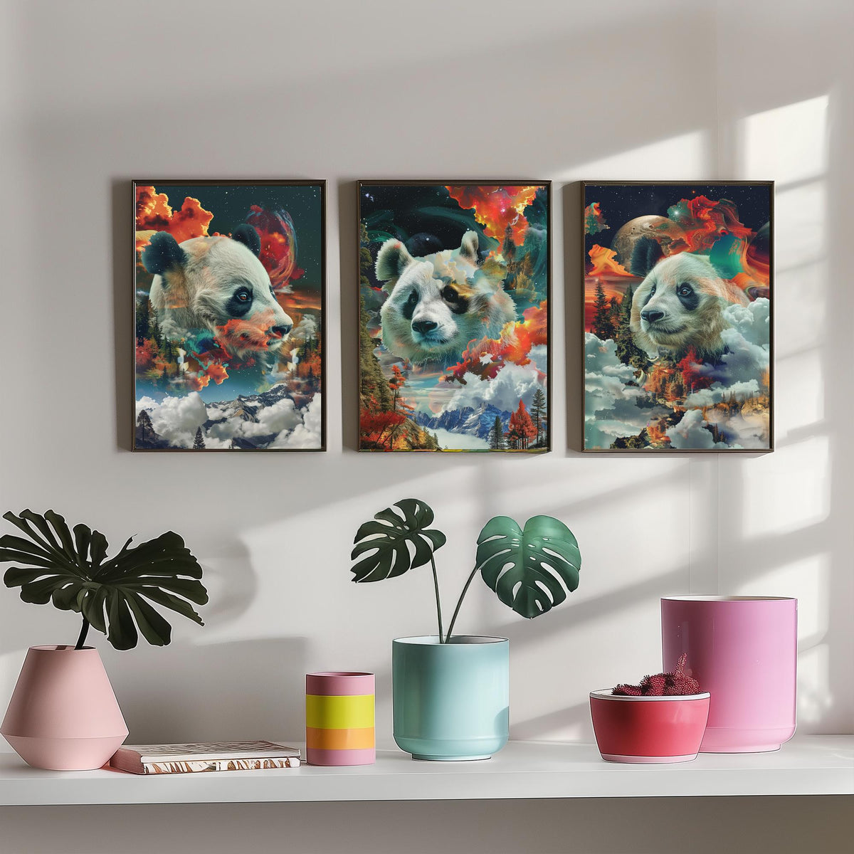 Panda Set of Three Art Prints - 3 Double Exposure Wildlife Posters - Surreal Mountain Cosmic Nature Wall Art Gift Painting