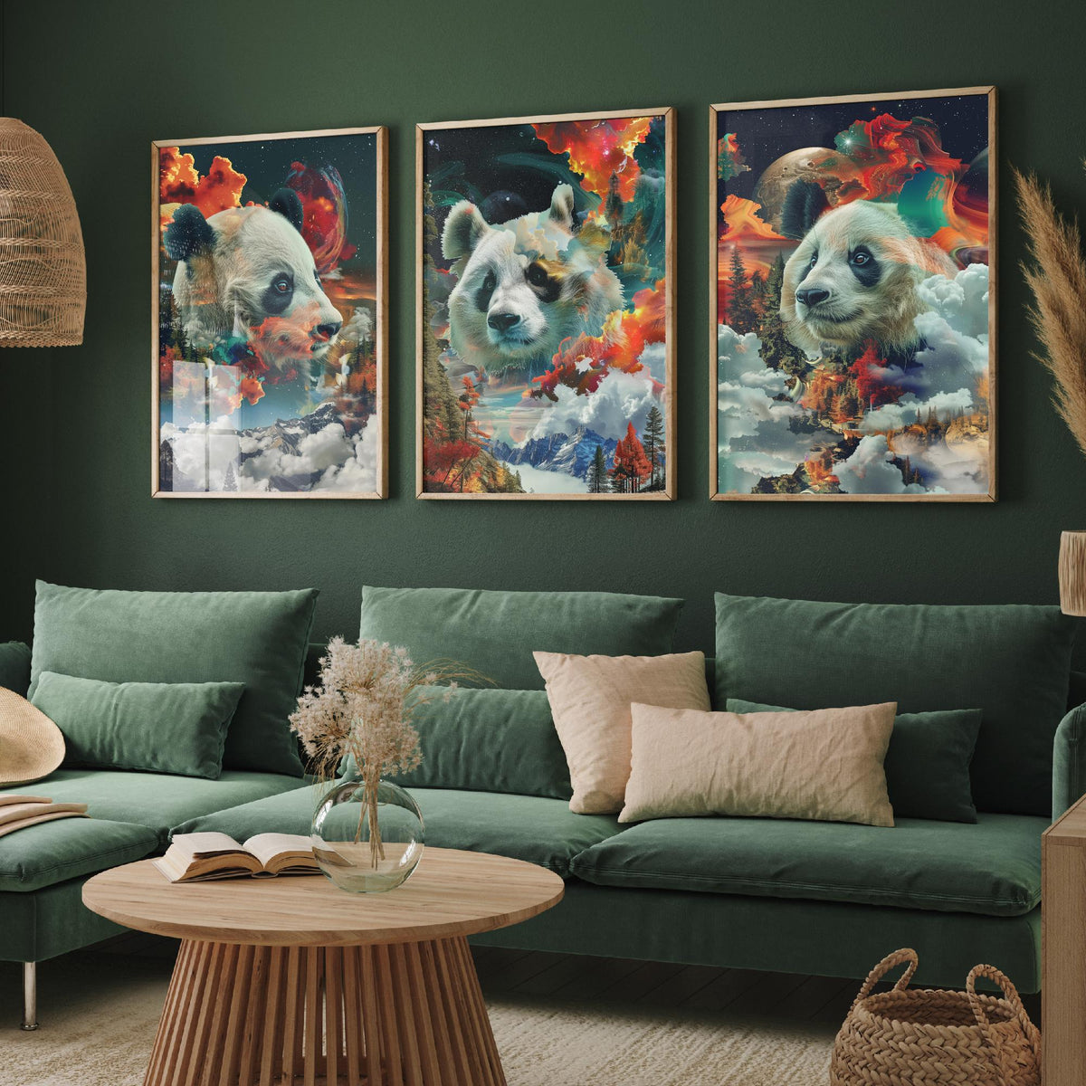 Panda Set of Three Art Prints - 3 Double Exposure Wildlife Posters - Surreal Mountain Cosmic Nature Wall Art Gift Painting