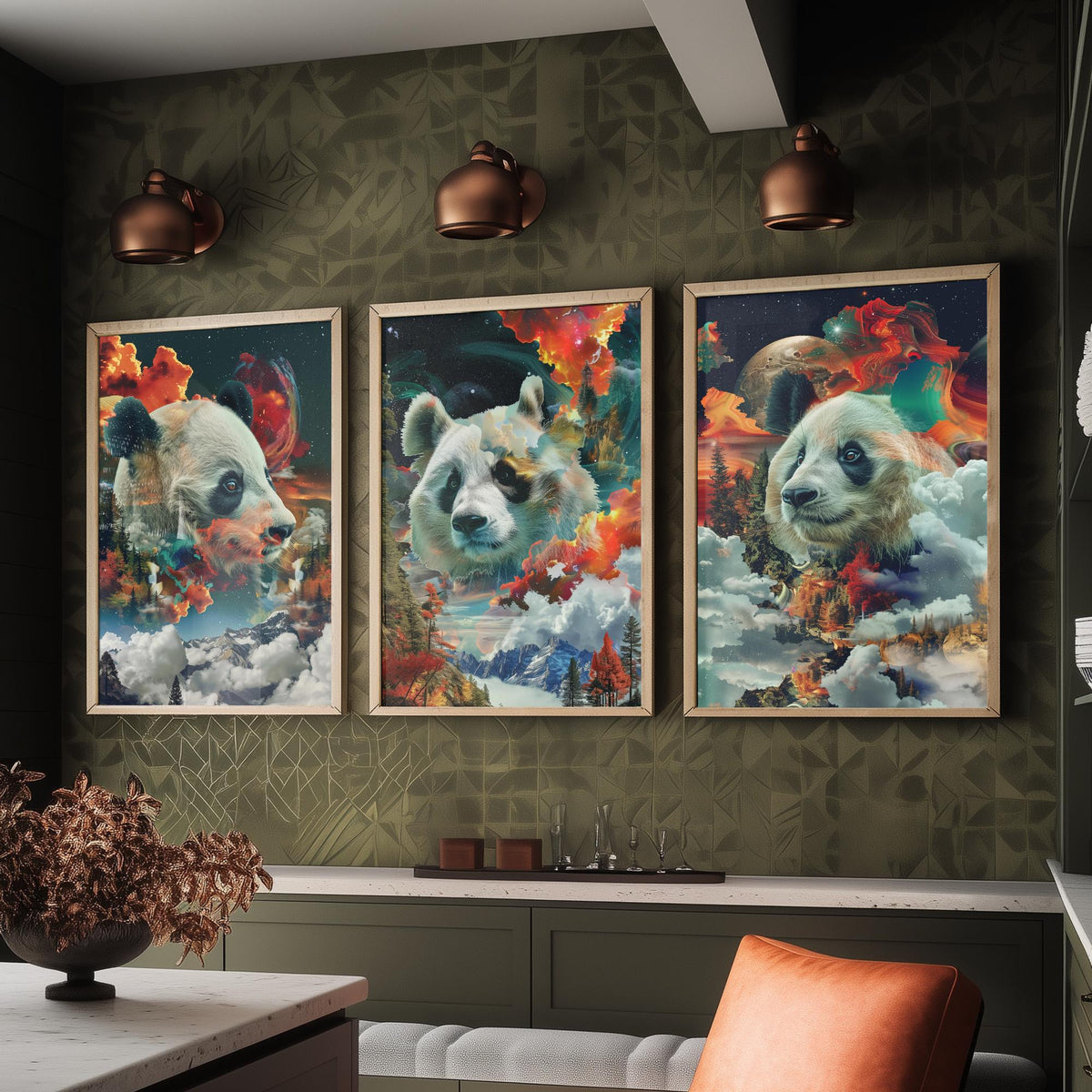 Panda Set of Three Art Prints - 3 Double Exposure Wildlife Posters - Surreal Mountain Cosmic Nature Wall Art Gift Painting
