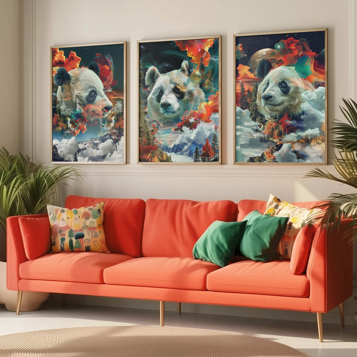 Panda Set of Three Art Prints - 3 Double Exposure Wildlife Posters - Surreal Mountain Cosmic Nature Wall Art Gift Painting