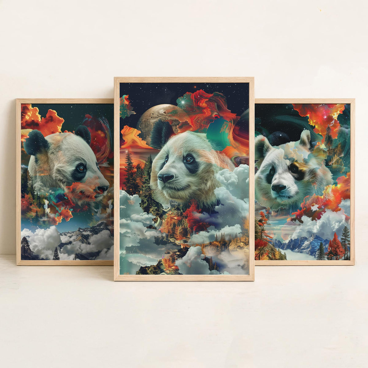 Panda Set of Three Art Prints - 3 Double Exposure Wildlife Posters - Surreal Mountain Cosmic Nature Wall Art Gift Painting