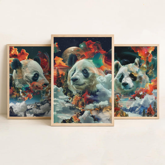 Panda Set of Three Art Prints - 3 Double Exposure Wildlife Posters - Surreal Mountain Cosmic Nature Wall Art Gift Painting