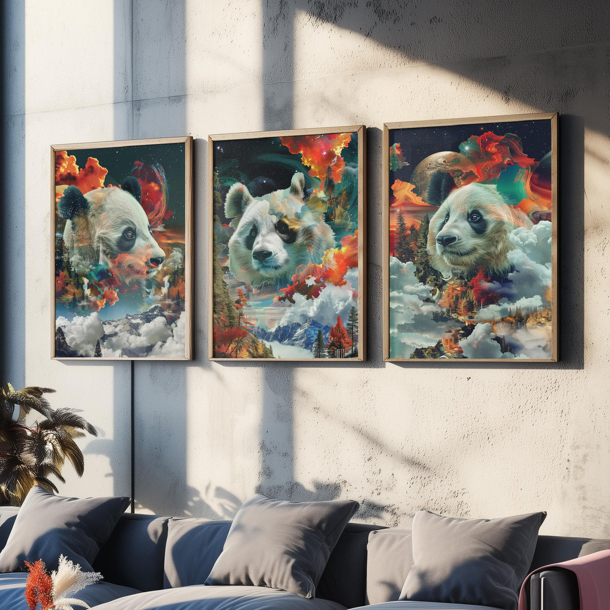 Panda Set of Three Art Prints - 3 Double Exposure Wildlife Posters - Surreal Mountain Cosmic Nature Wall Art Gift Painting