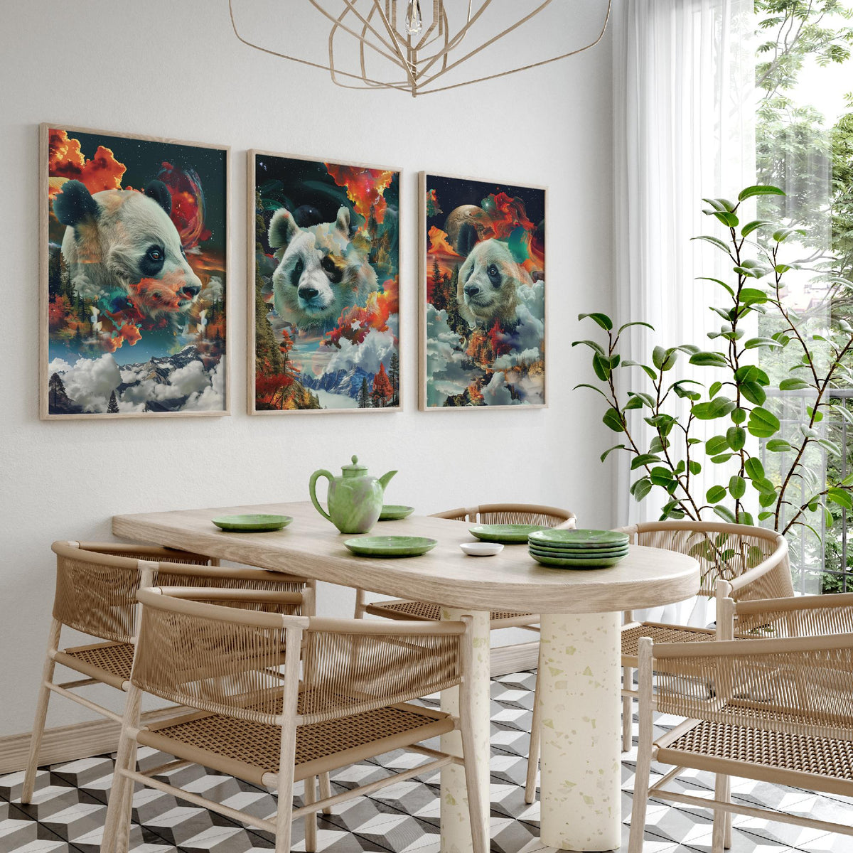 Panda Set of Three Art Prints - 3 Double Exposure Wildlife Posters - Surreal Mountain Cosmic Nature Wall Art Gift Painting