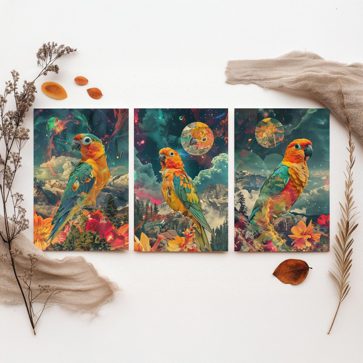 Parrot Set of Three Art Prints - 3 Double Exposure Tropical Bird Posters - Surreal Cosmic Floral Nature Wall Art Gift Painting Celestial