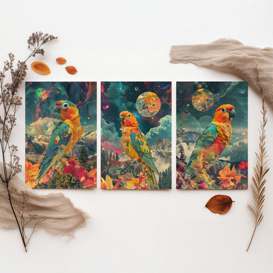 Parrot Set of Three Art Prints - 3 Double Exposure Tropical Bird Posters - Surreal Cosmic Floral Nature Wall Art Gift Painting Celestial