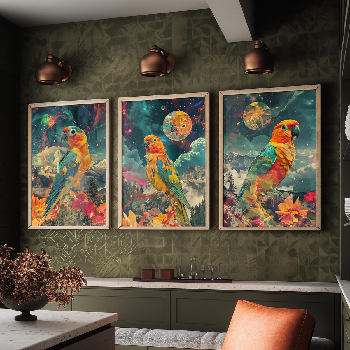 Parrot Set of Three Art Prints - 3 Double Exposure Tropical Bird Posters - Surreal Cosmic Floral Nature Wall Art Gift Painting Celestial