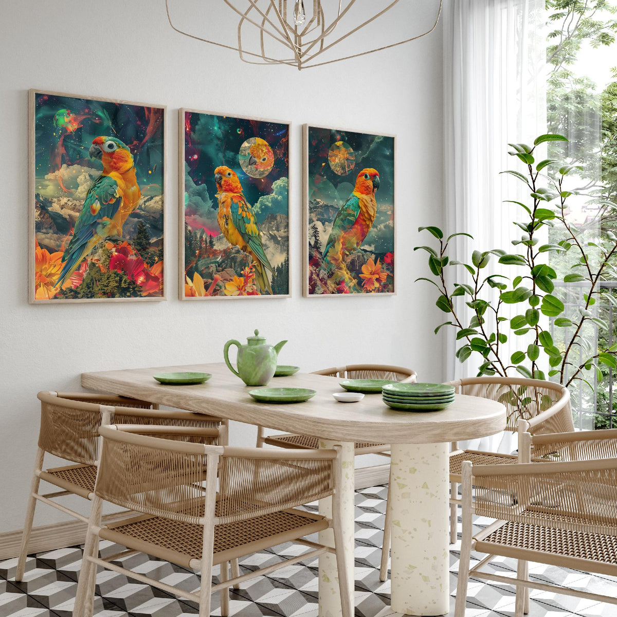Parrot Set of Three Art Prints - 3 Double Exposure Tropical Bird Posters - Surreal Cosmic Floral Nature Wall Art Gift Painting Celestial