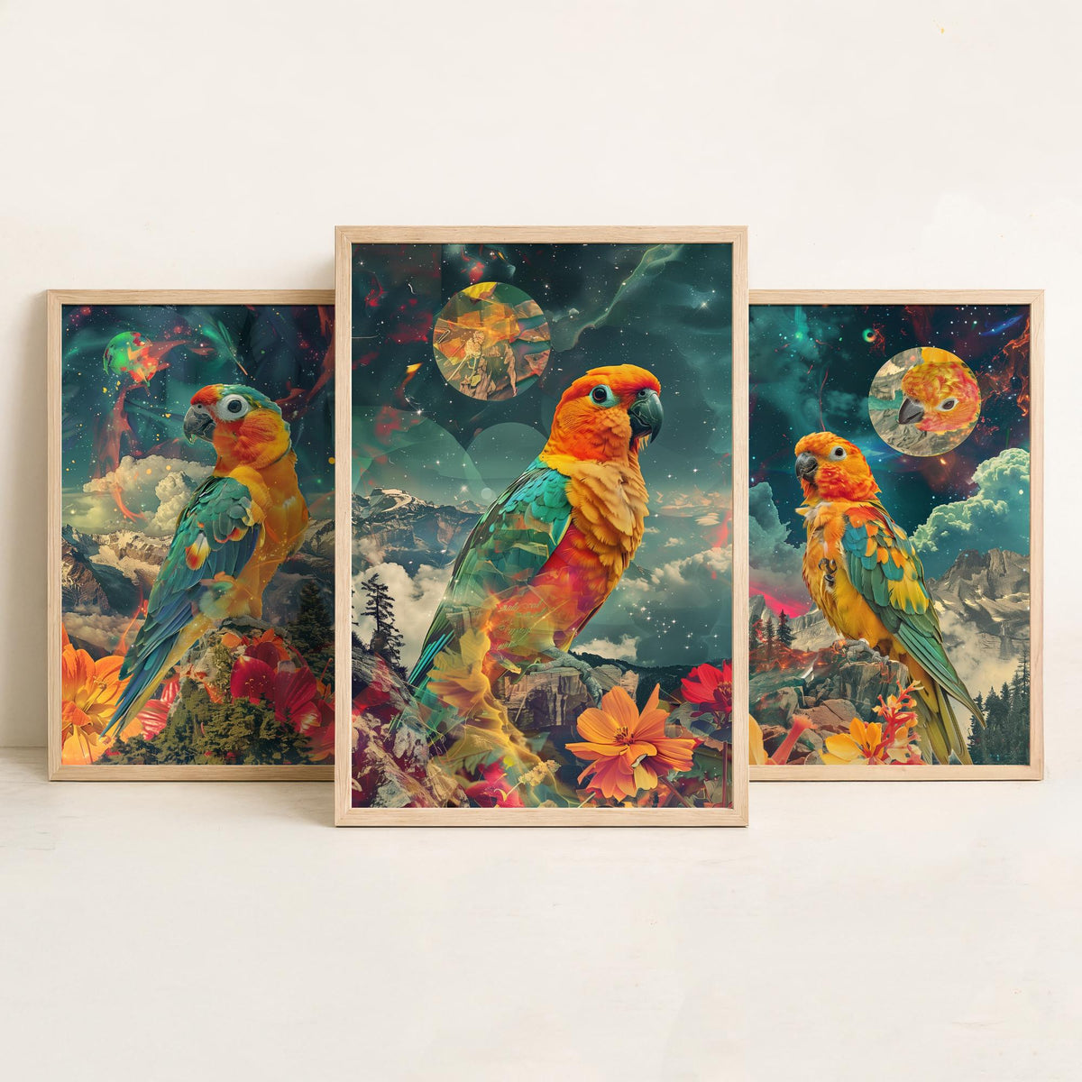 Parrot Set of Three Art Prints - 3 Double Exposure Tropical Bird Posters - Surreal Cosmic Floral Nature Wall Art Gift Painting Celestial