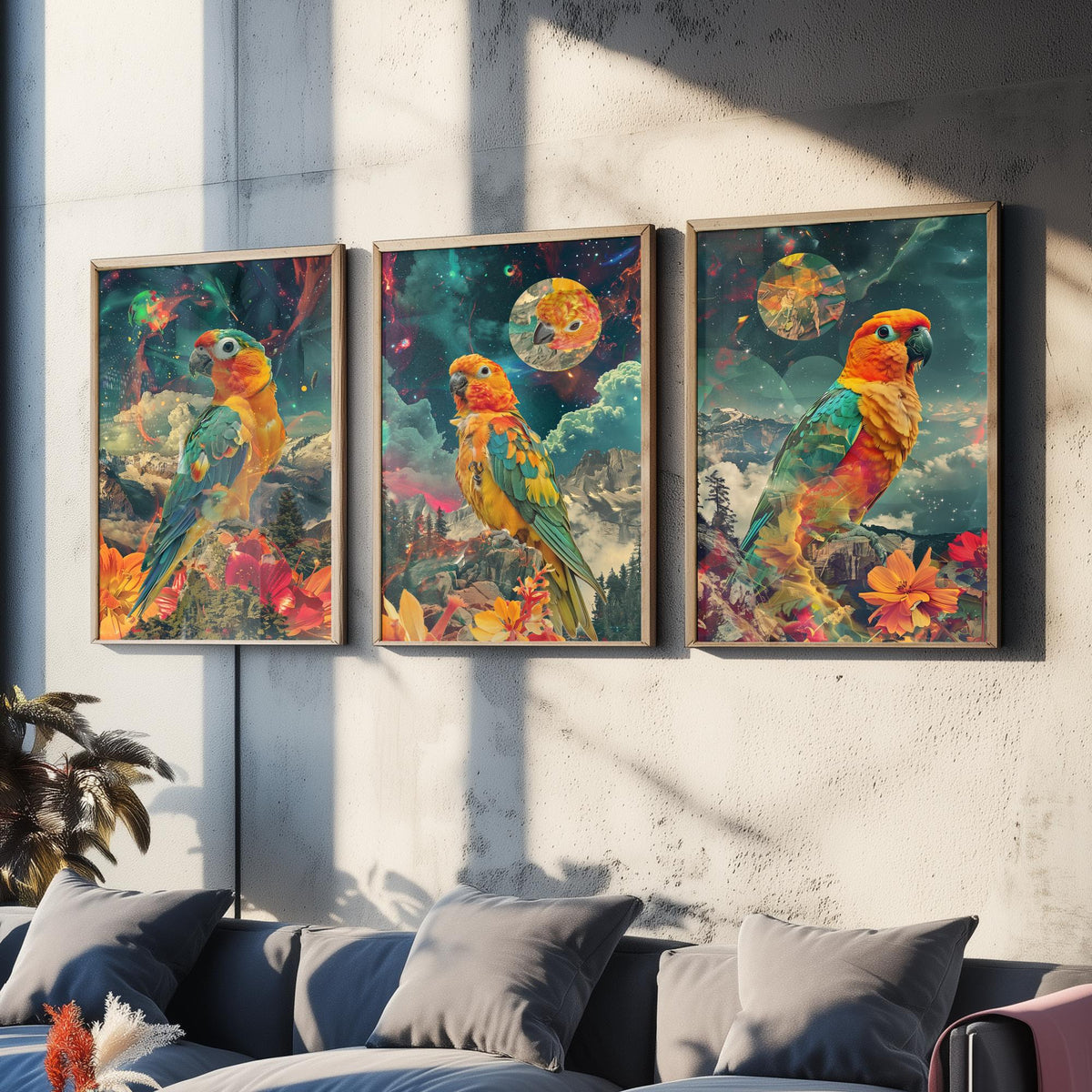 Parrot Set of Three Art Prints - 3 Double Exposure Tropical Bird Posters - Surreal Cosmic Floral Nature Wall Art Gift Painting Celestial