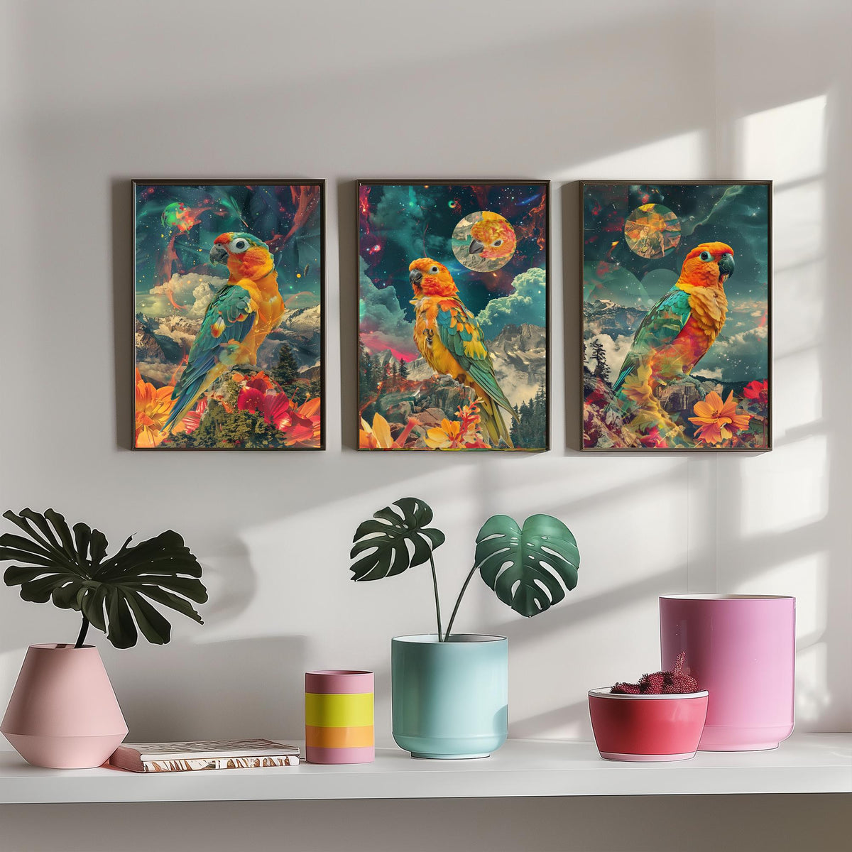 Parrot Set of Three Art Prints - 3 Double Exposure Tropical Bird Posters - Surreal Cosmic Floral Nature Wall Art Gift Painting Celestial