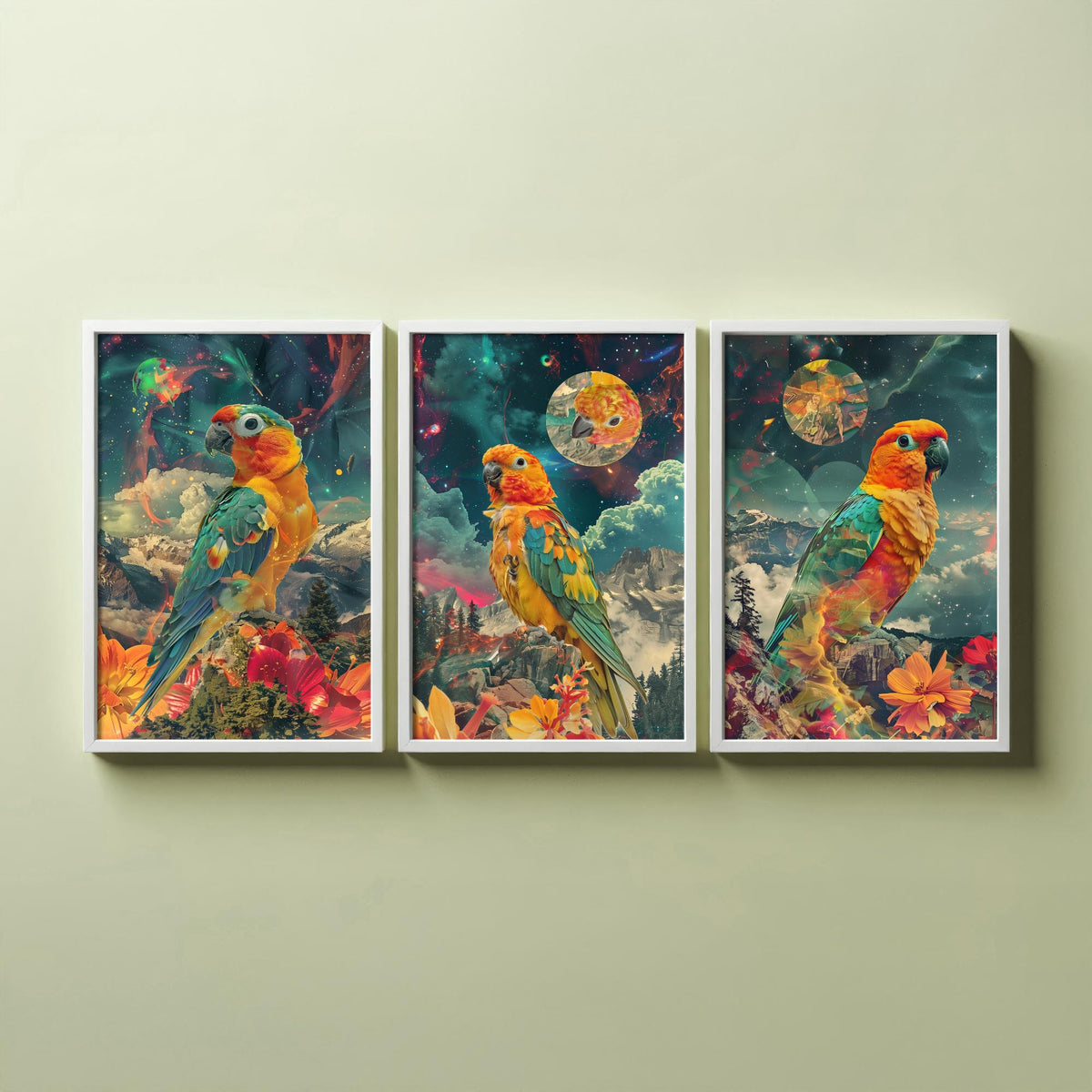 Parrot Set of Three Art Prints - 3 Double Exposure Tropical Bird Posters - Surreal Cosmic Floral Nature Wall Art Gift Painting Celestial