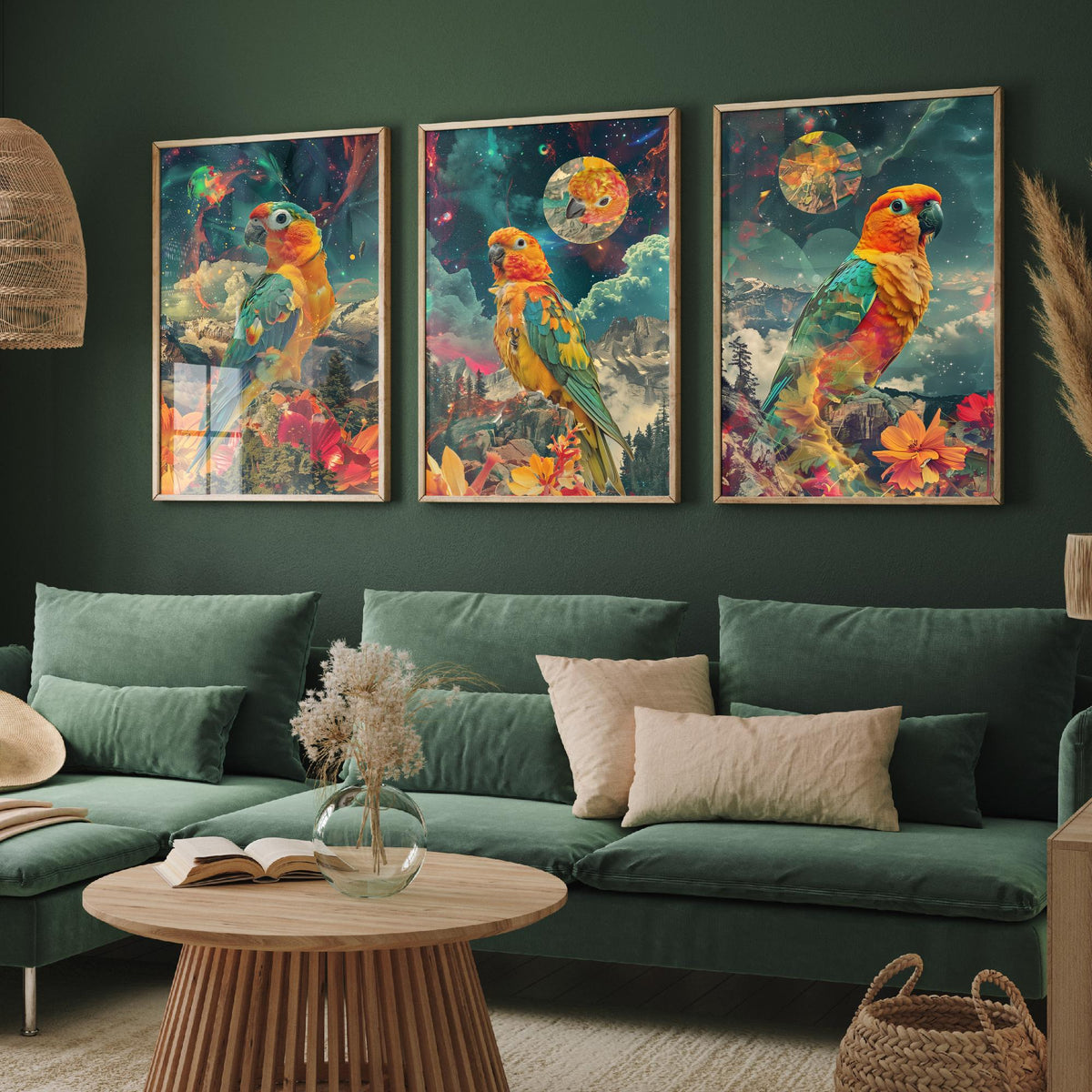 Parrot Set of Three Art Prints - 3 Double Exposure Tropical Bird Posters - Surreal Cosmic Floral Nature Wall Art Gift Painting Celestial