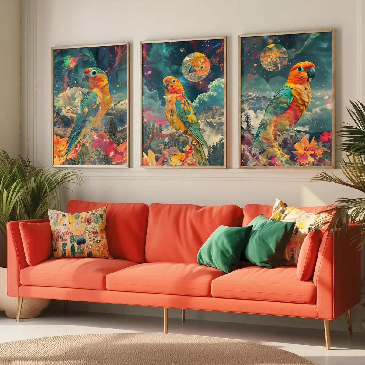 Parrot Set of Three Art Prints - 3 Double Exposure Tropical Bird Posters - Surreal Cosmic Floral Nature Wall Art Gift Painting Celestial