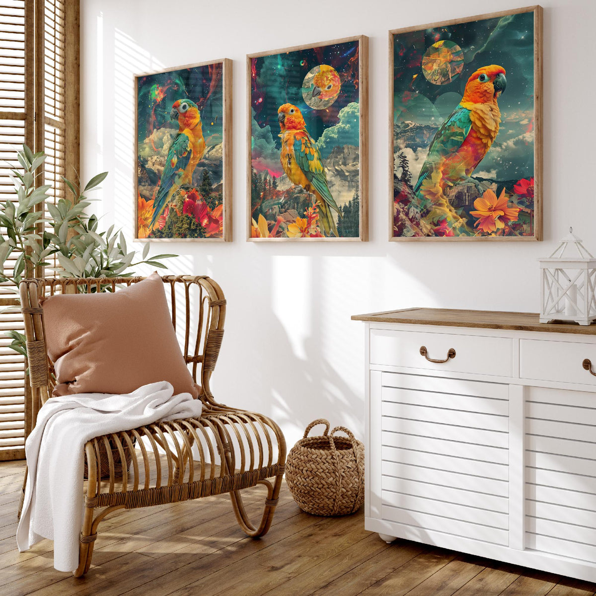 Parrot Set of Three Art Prints - 3 Double Exposure Tropical Bird Posters - Surreal Cosmic Floral Nature Wall Art Gift Painting Celestial