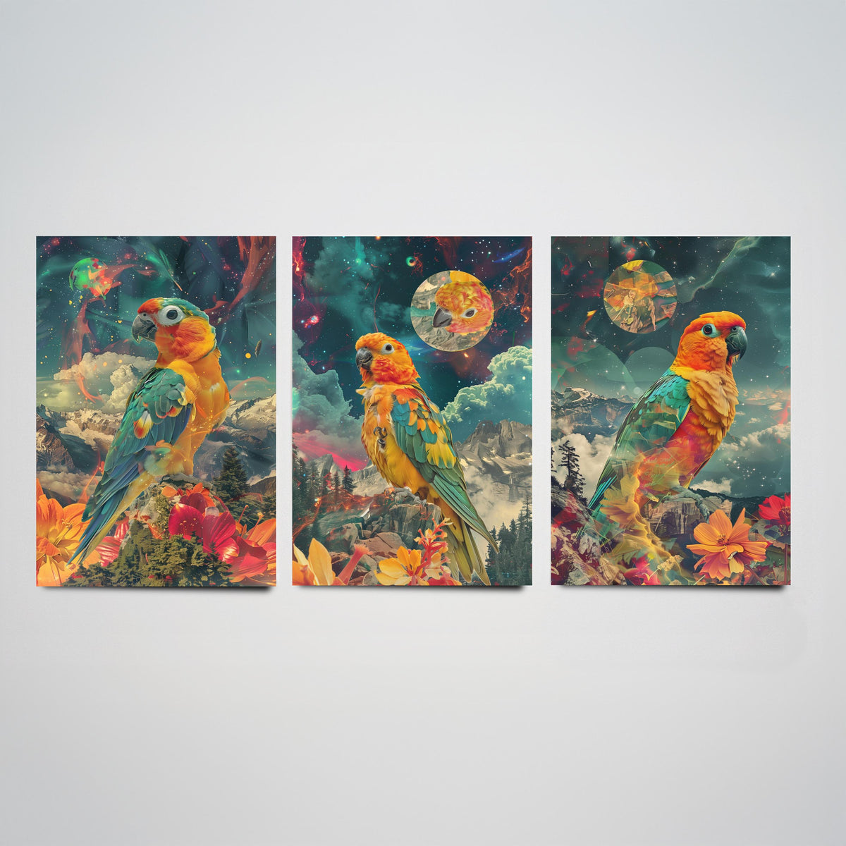 Parrot Set of Three Art Prints - 3 Double Exposure Tropical Bird Posters - Surreal Cosmic Floral Nature Wall Art Gift Painting Celestial