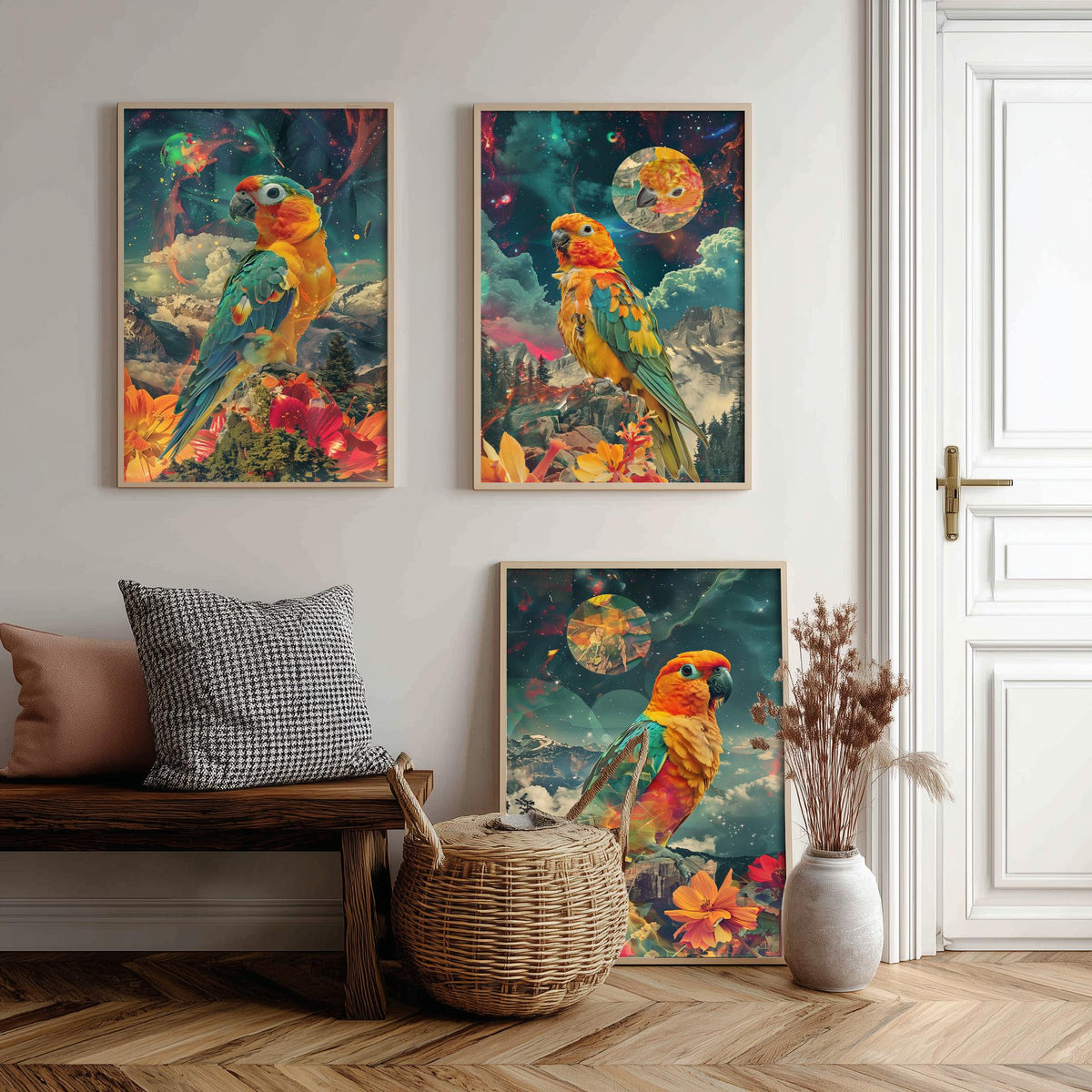 Parrot Set of Three Art Prints - 3 Double Exposure Tropical Bird Posters - Surreal Cosmic Floral Nature Wall Art Gift Painting Celestial