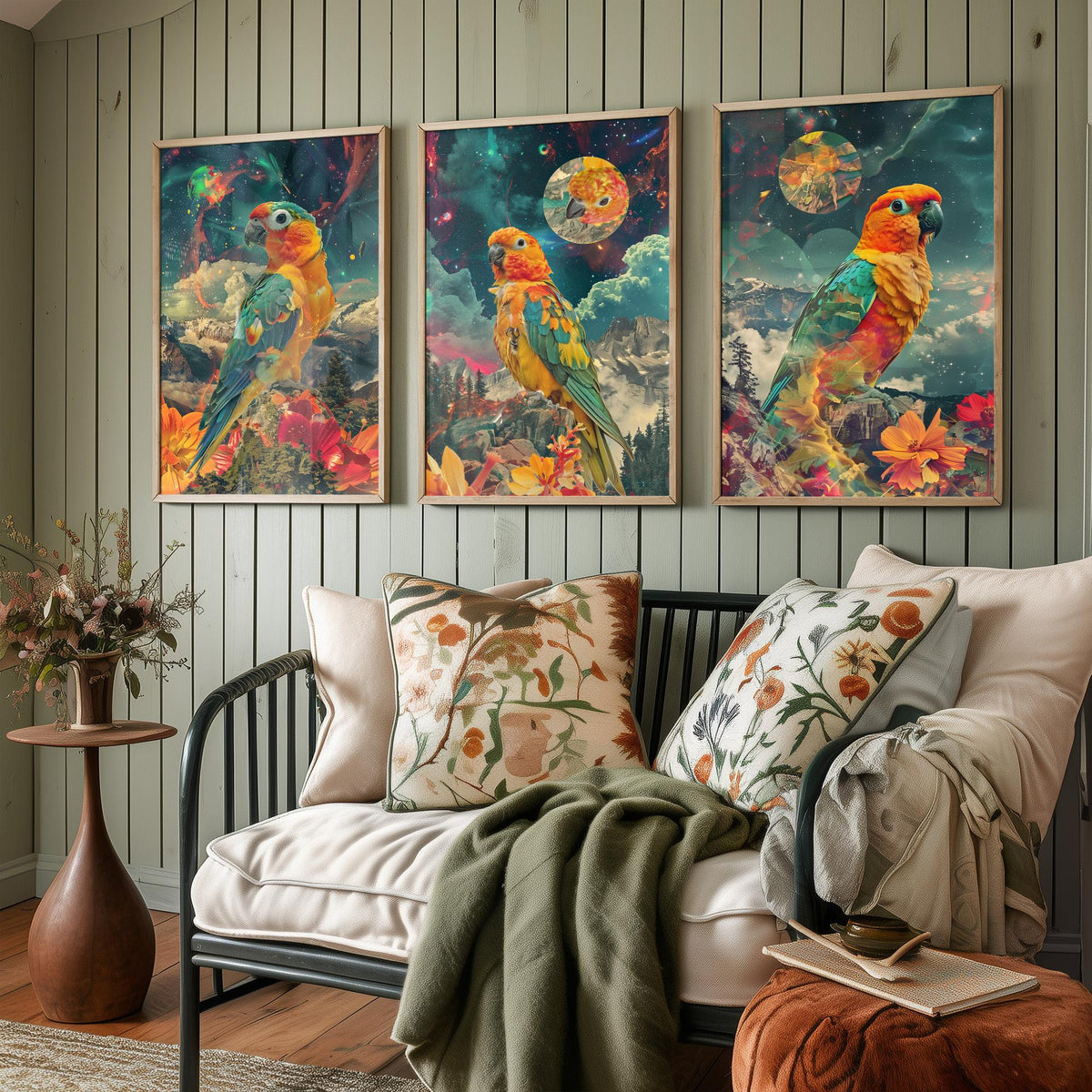 Parrot Set of Three Art Prints - 3 Double Exposure Tropical Bird Posters - Surreal Cosmic Floral Nature Wall Art Gift Painting Celestial