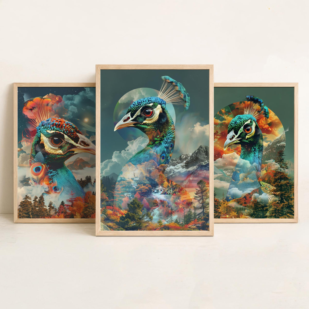 Peacock Set of Three Art Prints - 3 Double Exposure Bird Posters - Autumn Forest Surreal Nature Wall Art Gift Painting Celestial