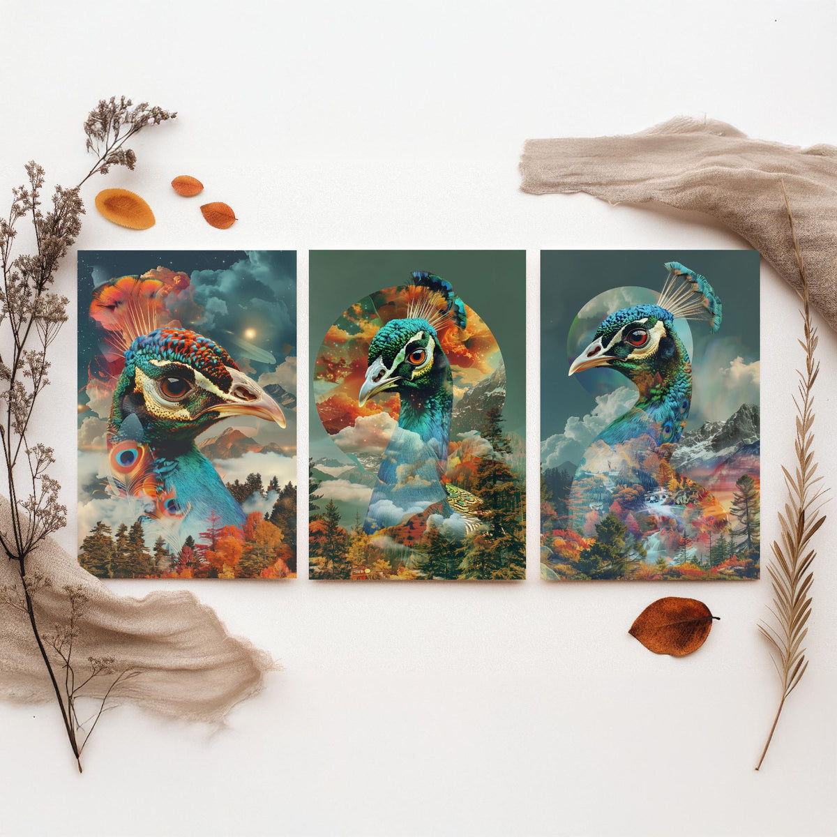 Peacock Set of Three Art Prints - 3 Double Exposure Bird Posters - Autumn Forest Surreal Nature Wall Art Gift Painting Celestial