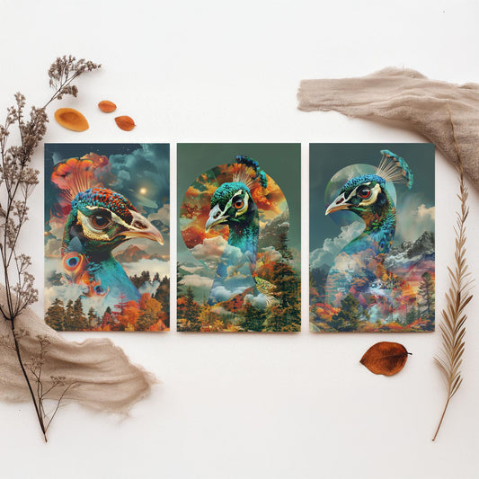Peacock Set of Three Art Prints - 3 Double Exposure Bird Posters - Autumn Forest Surreal Nature Wall Art Gift Painting Celestial