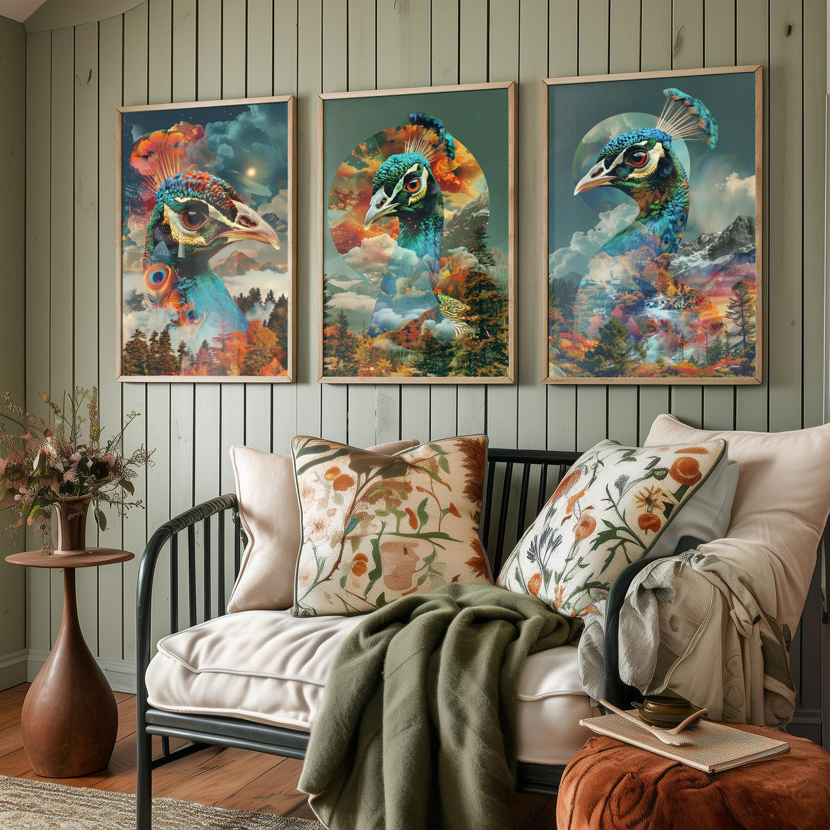 Peacock Set of Three Art Prints - 3 Double Exposure Bird Posters - Autumn Forest Surreal Nature Wall Art Gift Painting Celestial
