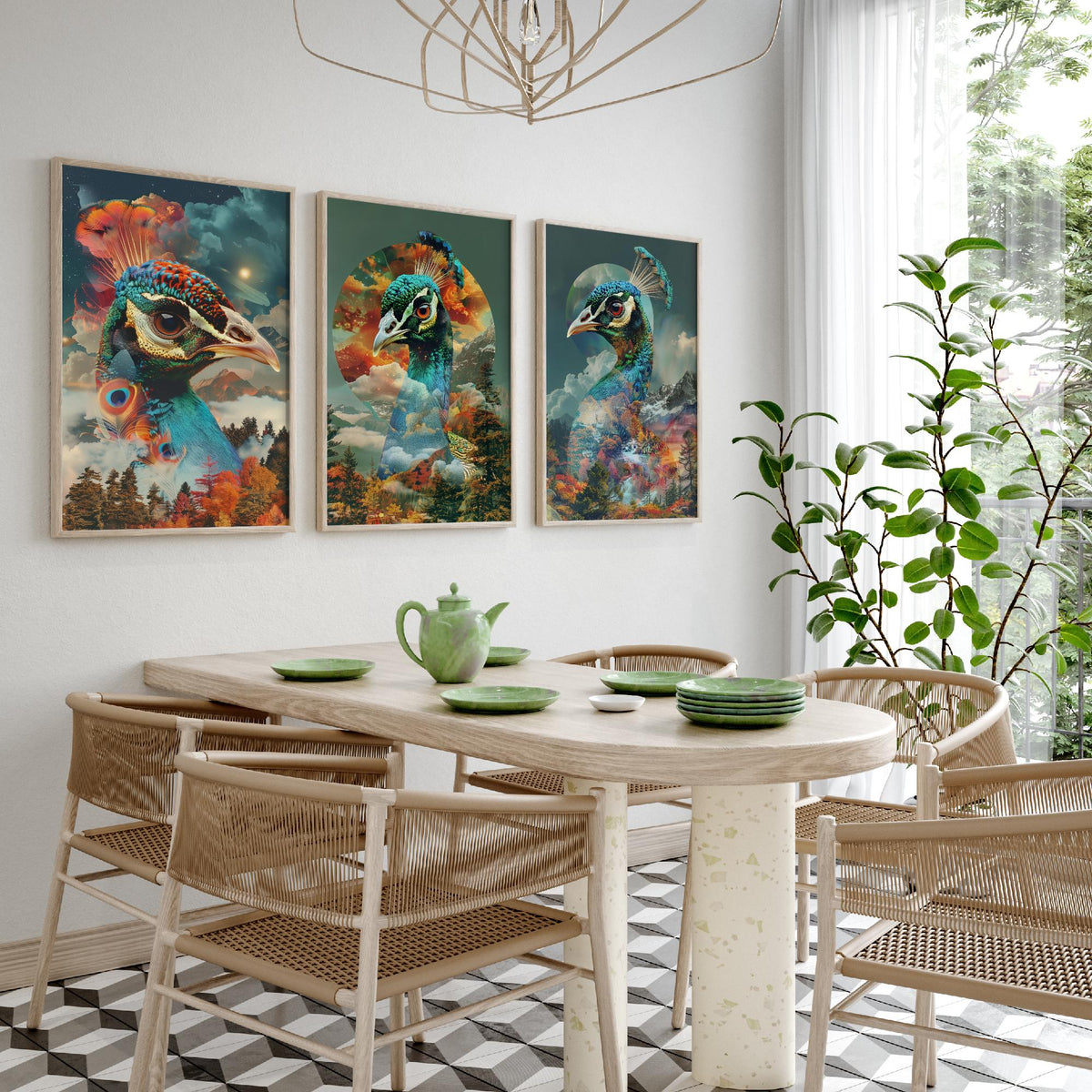Peacock Set of Three Art Prints - 3 Double Exposure Bird Posters - Autumn Forest Surreal Nature Wall Art Gift Painting Celestial