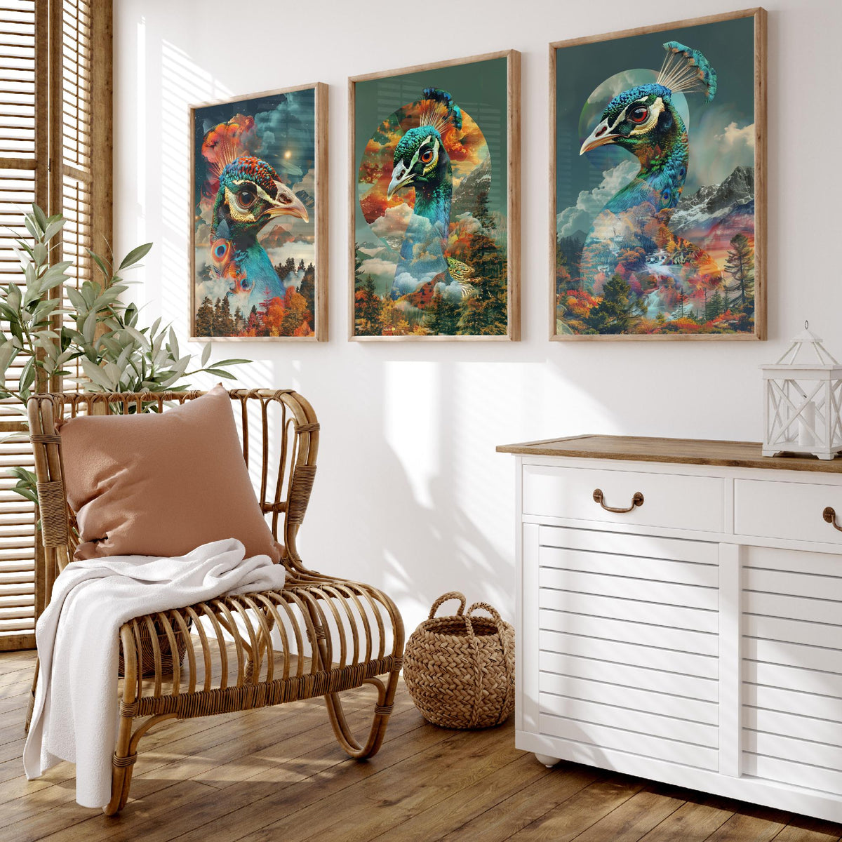 Peacock Set of Three Art Prints - 3 Double Exposure Bird Posters - Autumn Forest Surreal Nature Wall Art Gift Painting Celestial