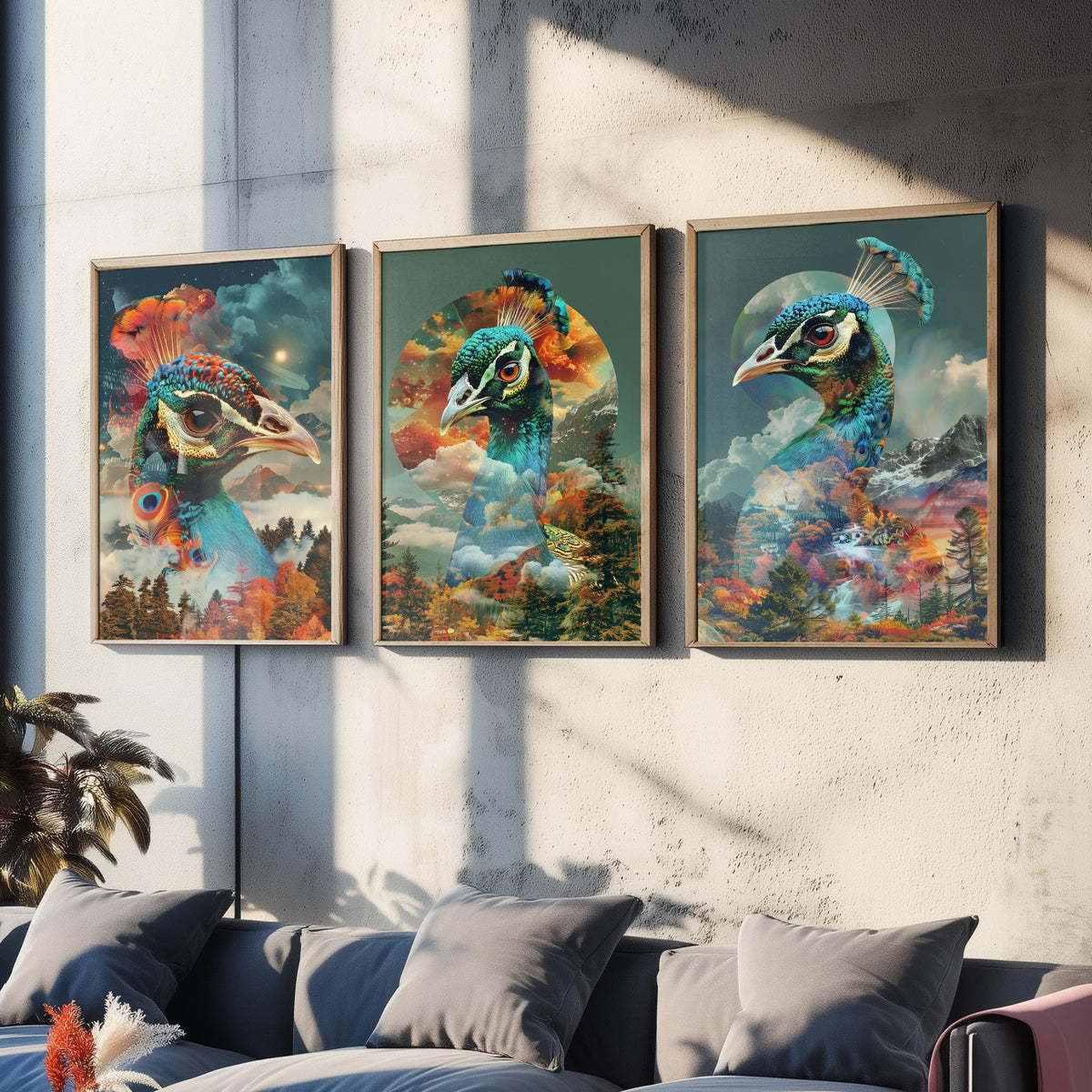 Peacock Set of Three Art Prints - 3 Double Exposure Bird Posters - Autumn Forest Surreal Nature Wall Art Gift Painting Celestial