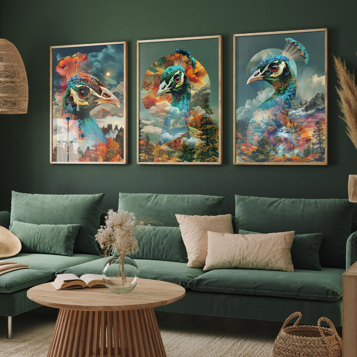 Peacock Set of Three Art Prints - 3 Double Exposure Bird Posters - Autumn Forest Surreal Nature Wall Art Gift Painting Celestial