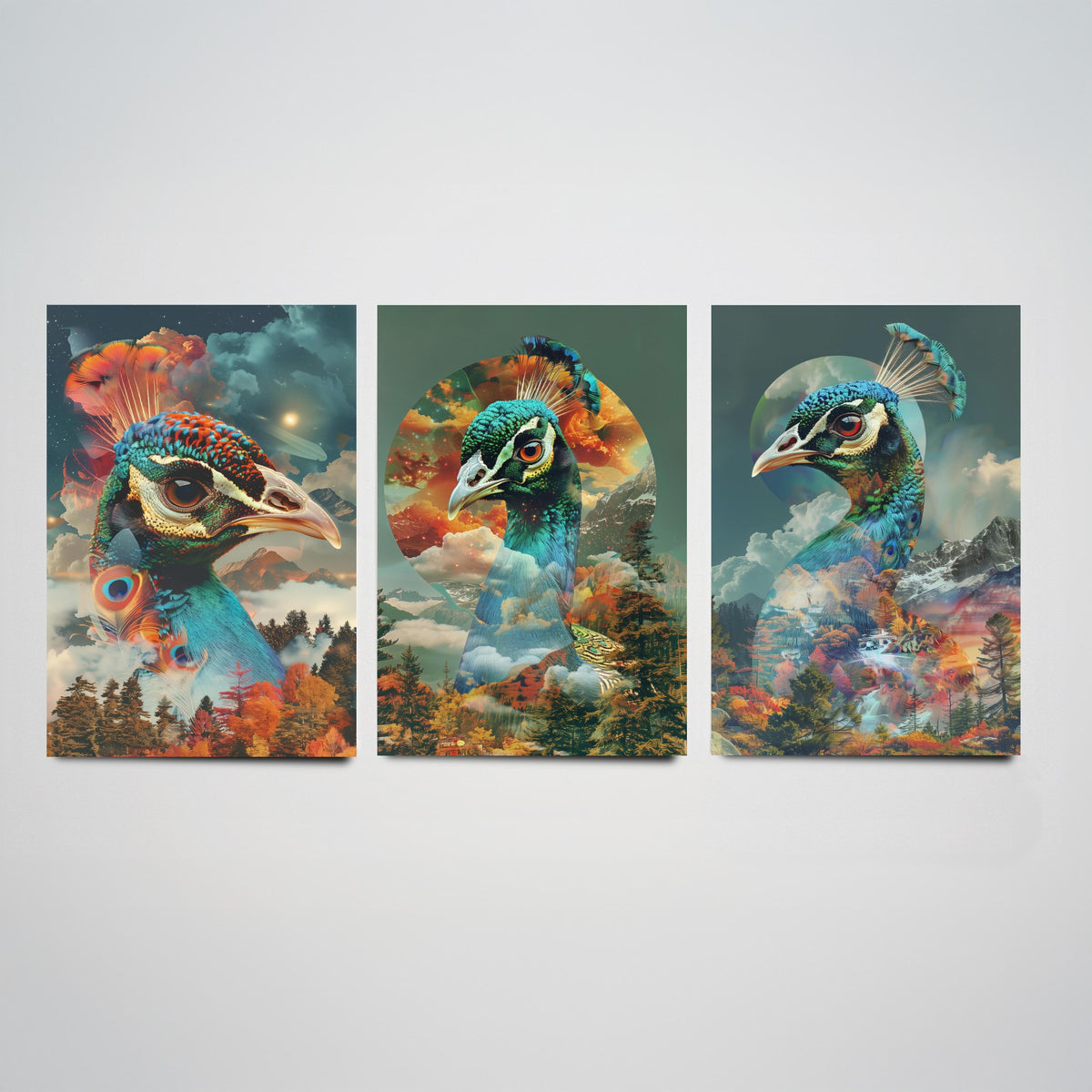 Peacock Set of Three Art Prints - 3 Double Exposure Bird Posters - Autumn Forest Surreal Nature Wall Art Gift Painting Celestial