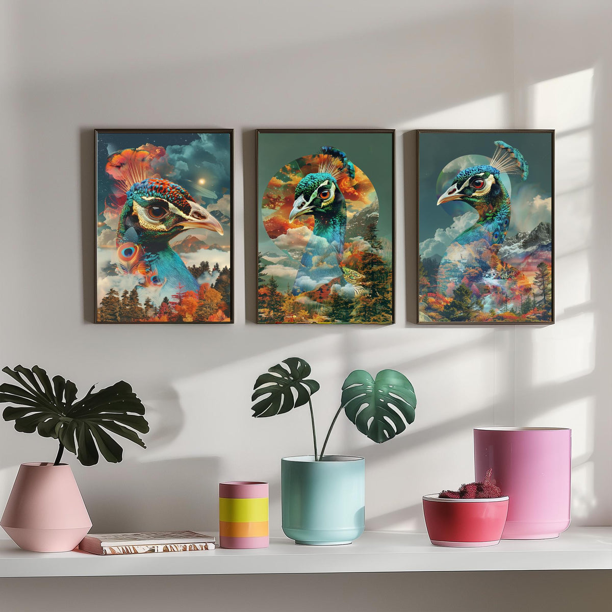 Peacock Set of Three Art Prints - 3 Double Exposure Bird Posters - Autumn Forest Surreal Nature Wall Art Gift Painting Celestial