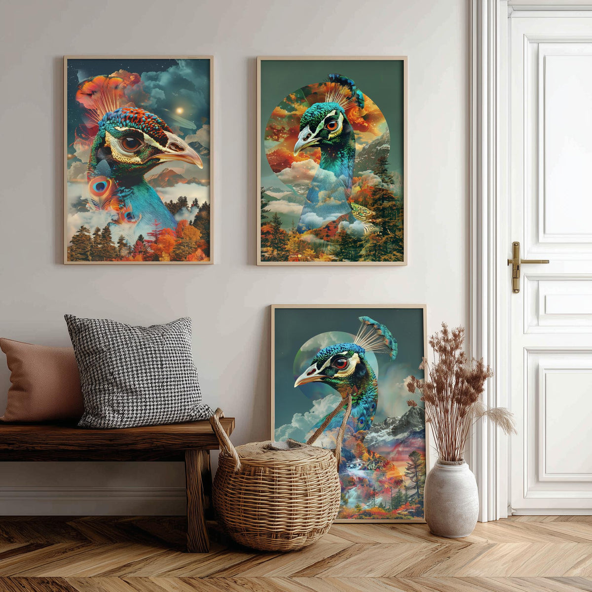 Peacock Set of Three Art Prints - 3 Double Exposure Bird Posters - Autumn Forest Surreal Nature Wall Art Gift Painting Celestial