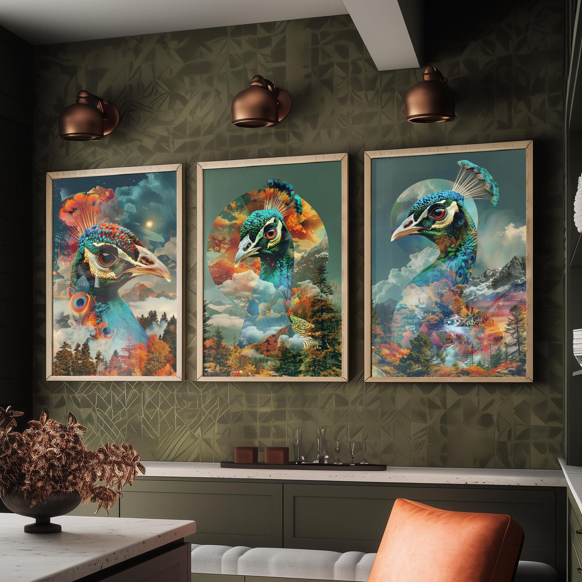 Peacock Set of Three Art Prints - 3 Double Exposure Bird Posters - Autumn Forest Surreal Nature Wall Art Gift Painting Celestial