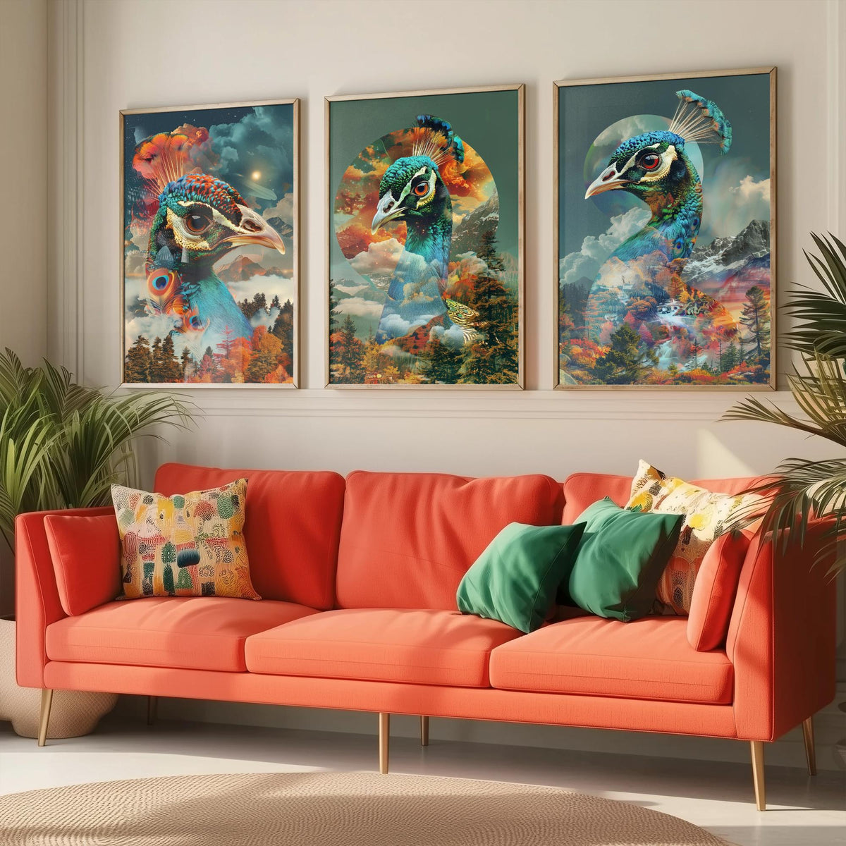 Peacock Set of Three Art Prints - 3 Double Exposure Bird Posters - Autumn Forest Surreal Nature Wall Art Gift Painting Celestial