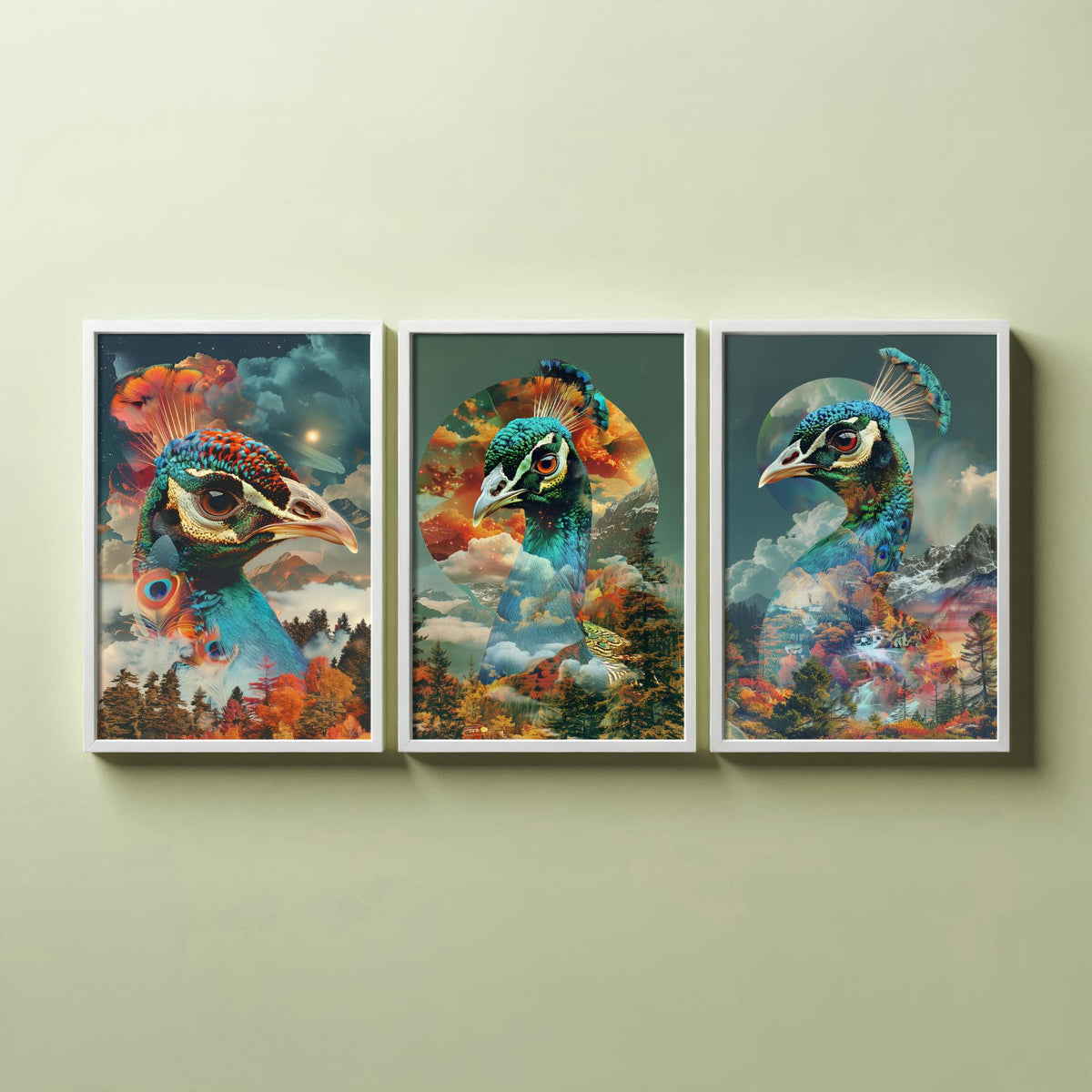 Peacock Set of Three Art Prints - 3 Double Exposure Bird Posters - Autumn Forest Surreal Nature Wall Art Gift Painting Celestial
