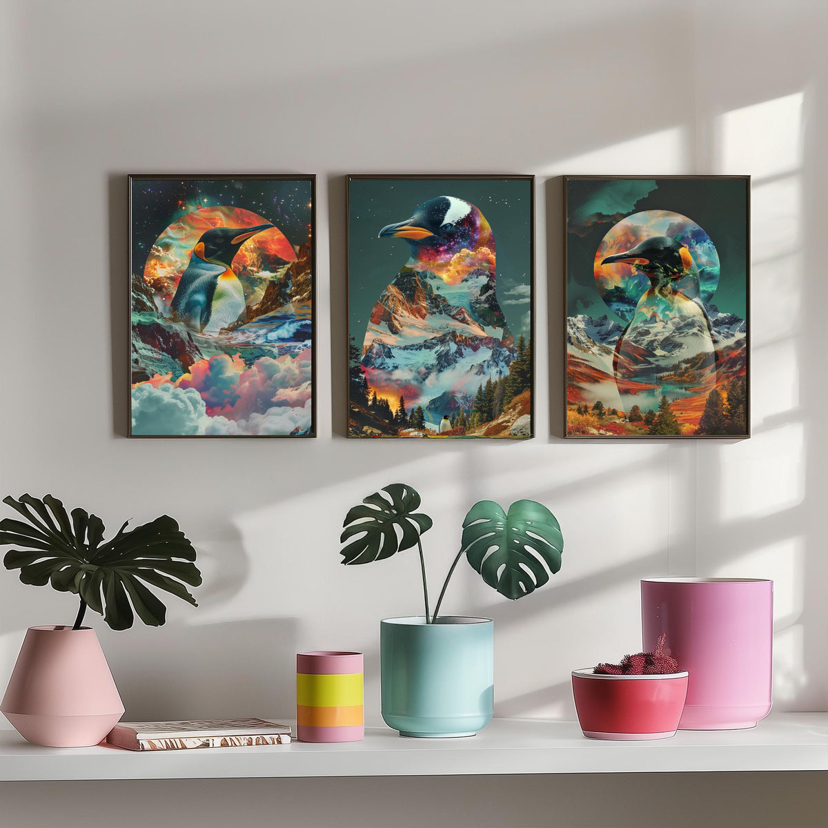 Penguin Set of Three Art Prints - 3 Double Exposure Bird Posters - Surreal Mountain Glacier Nature Wall Art Gift Painting Cosmic