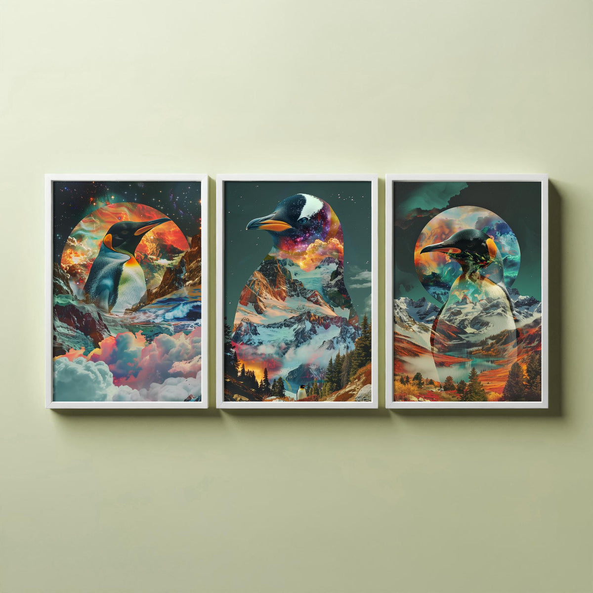 Penguin Set of Three Art Prints - 3 Double Exposure Bird Posters - Surreal Mountain Glacier Nature Wall Art Gift Painting Cosmic