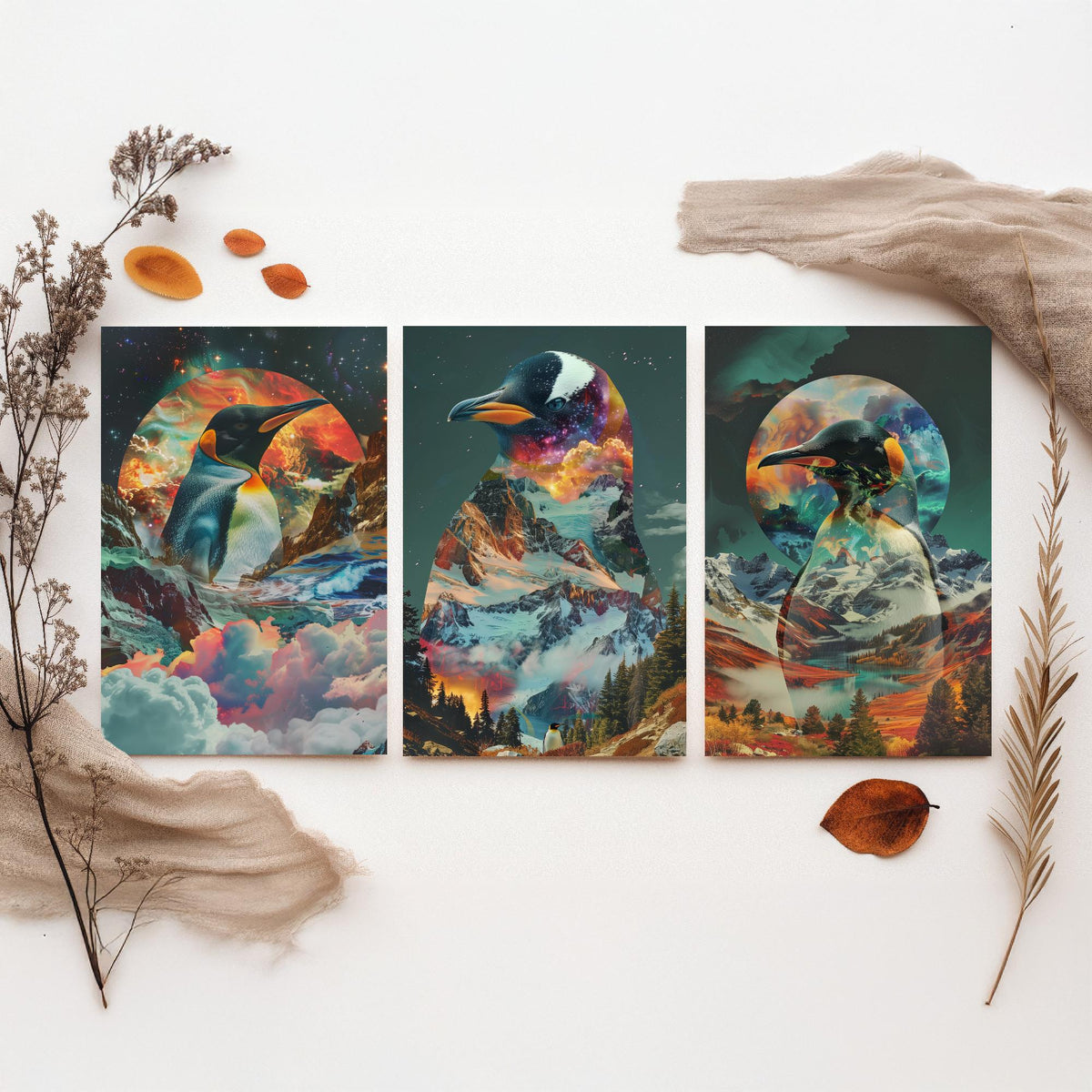 Penguin Set of Three Art Prints - 3 Double Exposure Bird Posters - Surreal Mountain Glacier Nature Wall Art Gift Painting Cosmic