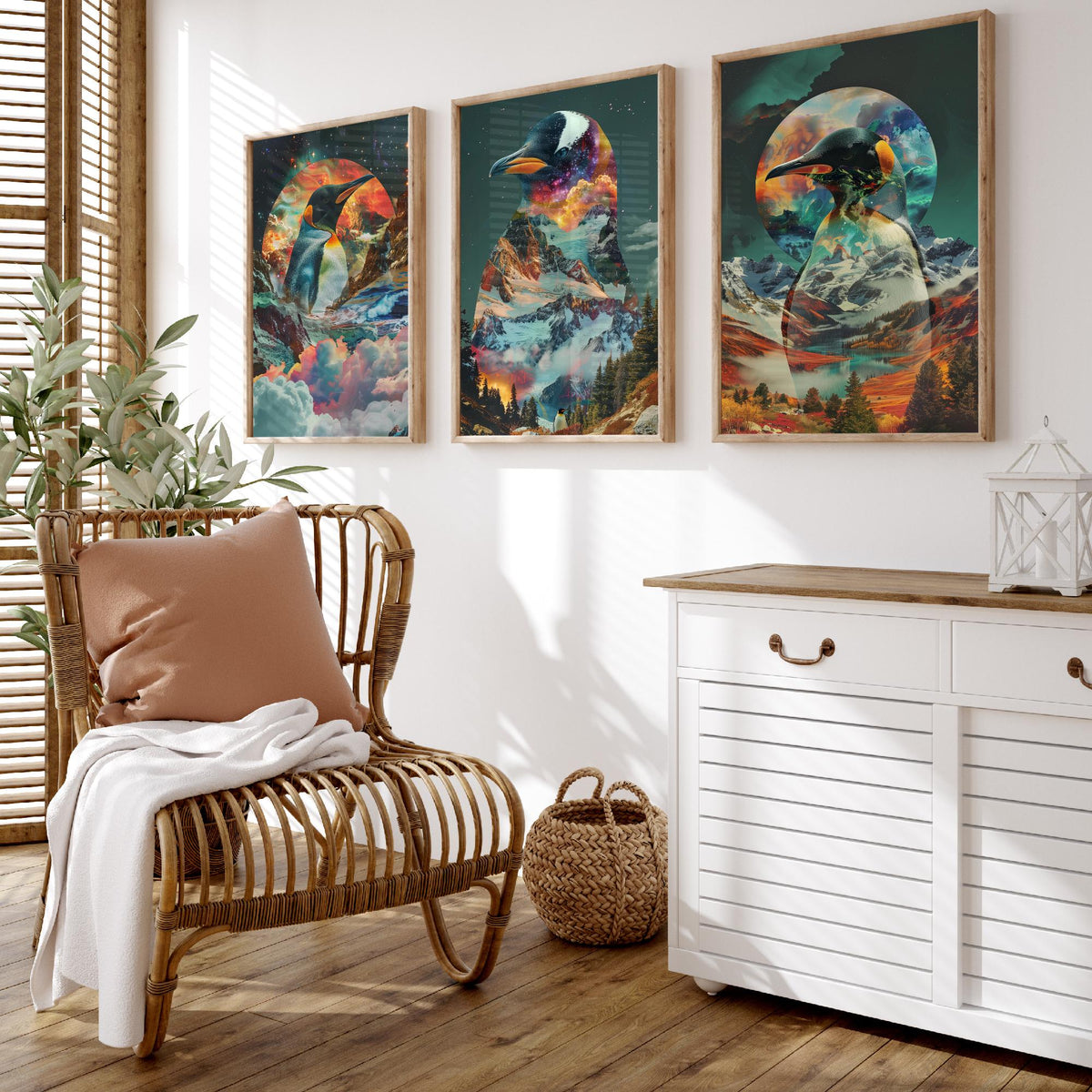 Penguin Set of Three Art Prints - 3 Double Exposure Bird Posters - Surreal Mountain Glacier Nature Wall Art Gift Painting Cosmic