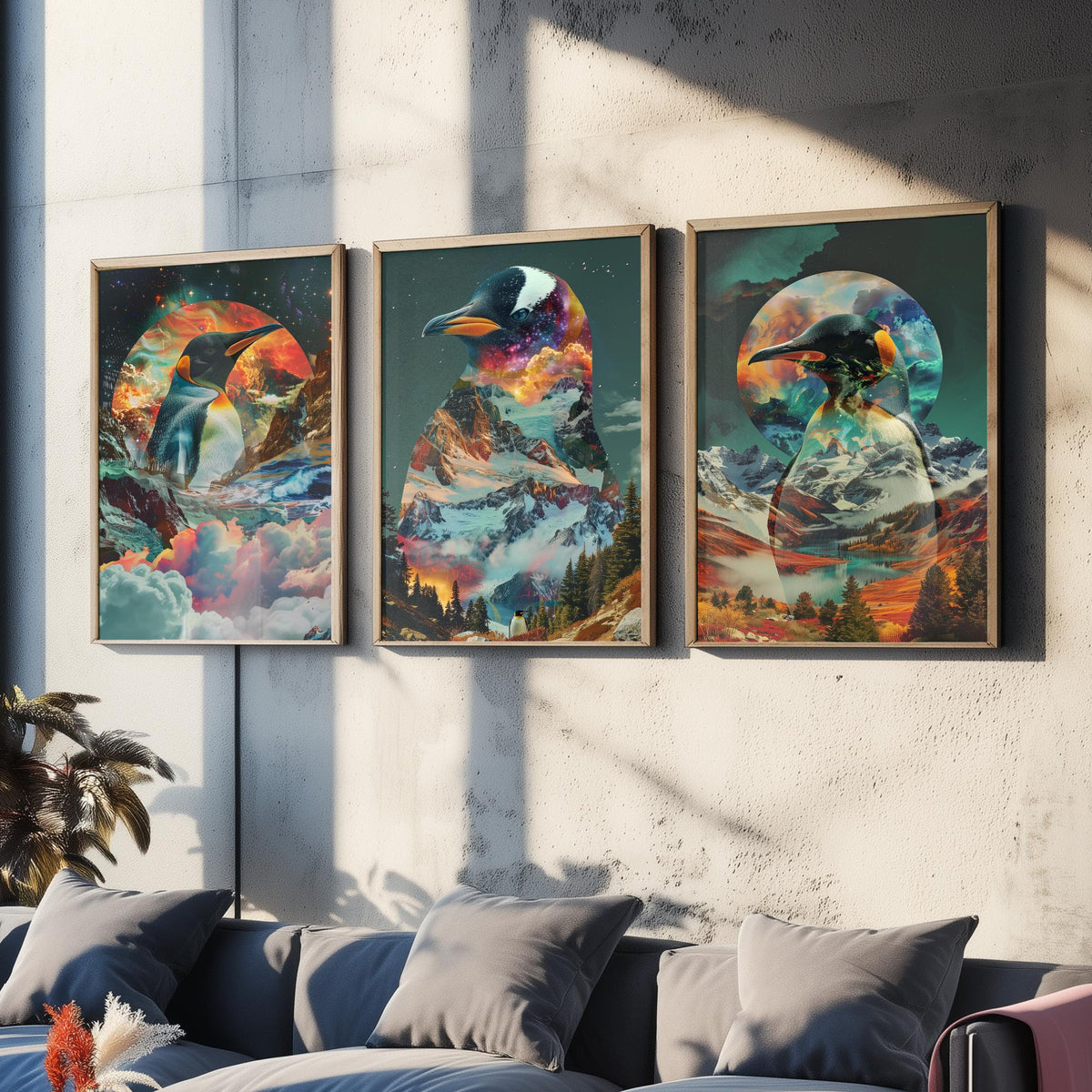 Penguin Set of Three Art Prints - 3 Double Exposure Bird Posters - Surreal Mountain Glacier Nature Wall Art Gift Painting Cosmic