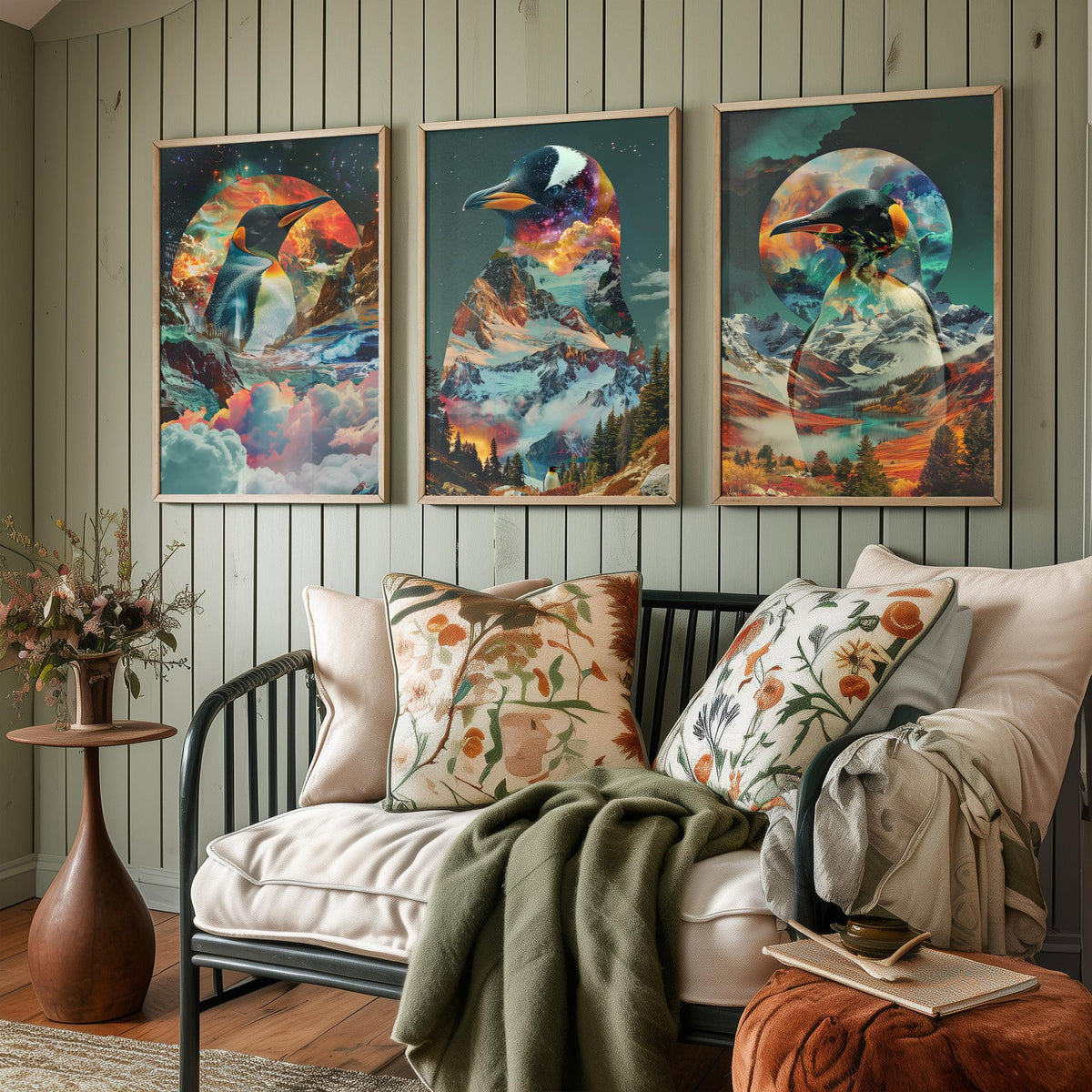 Penguin Set of Three Art Prints - 3 Double Exposure Bird Posters - Surreal Mountain Glacier Nature Wall Art Gift Painting Cosmic