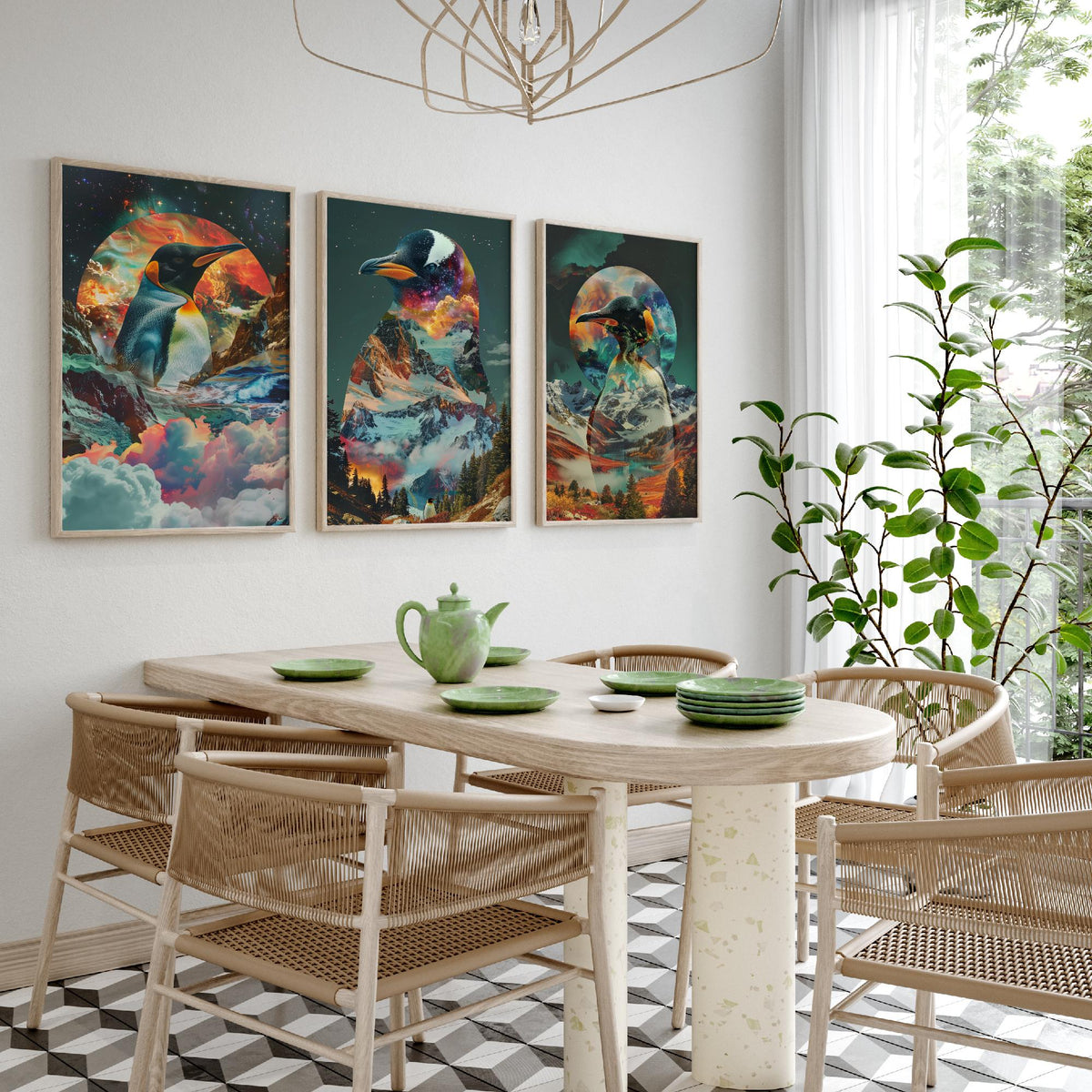 Penguin Set of Three Art Prints - 3 Double Exposure Bird Posters - Surreal Mountain Glacier Nature Wall Art Gift Painting Cosmic