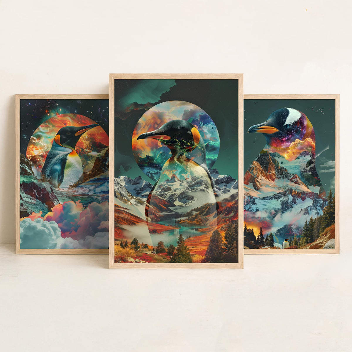 Penguin Set of Three Art Prints - 3 Double Exposure Bird Posters - Surreal Mountain Glacier Nature Wall Art Gift Painting Cosmic