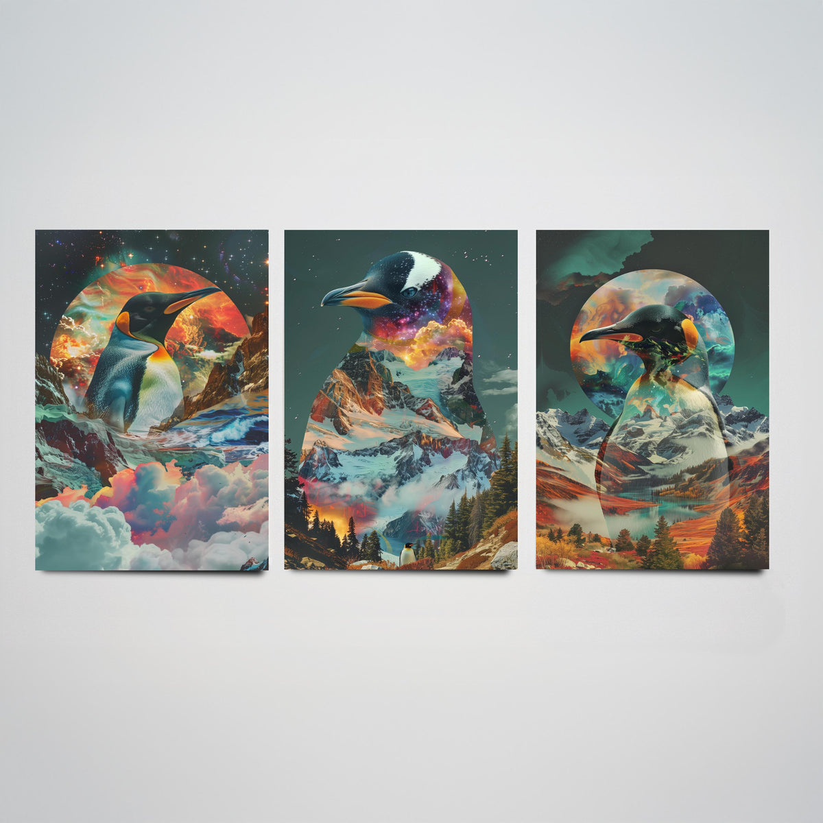 Penguin Set of Three Art Prints - 3 Double Exposure Bird Posters - Surreal Mountain Glacier Nature Wall Art Gift Painting Cosmic
