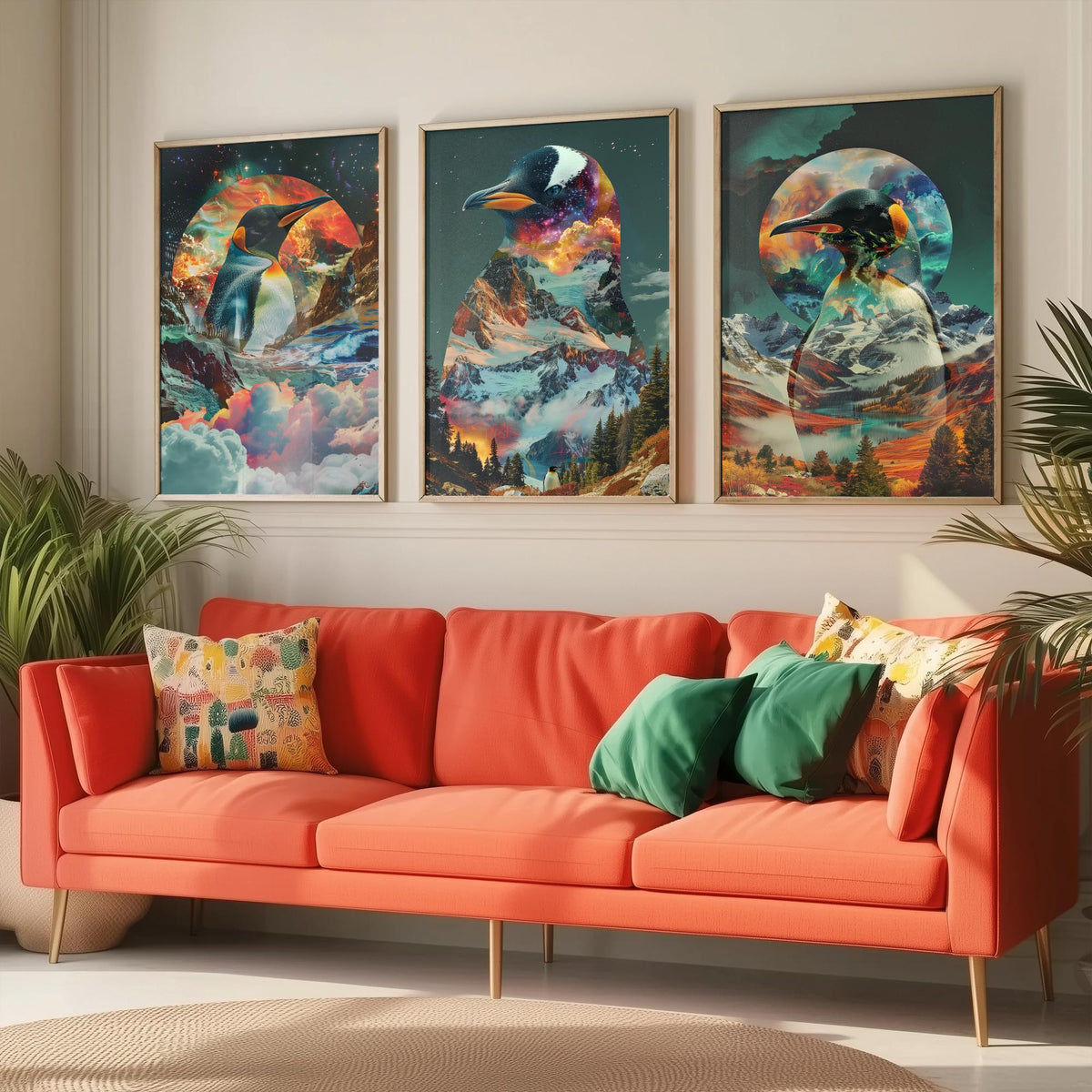 Penguin Set of Three Art Prints - 3 Double Exposure Bird Posters - Surreal Mountain Glacier Nature Wall Art Gift Painting Cosmic